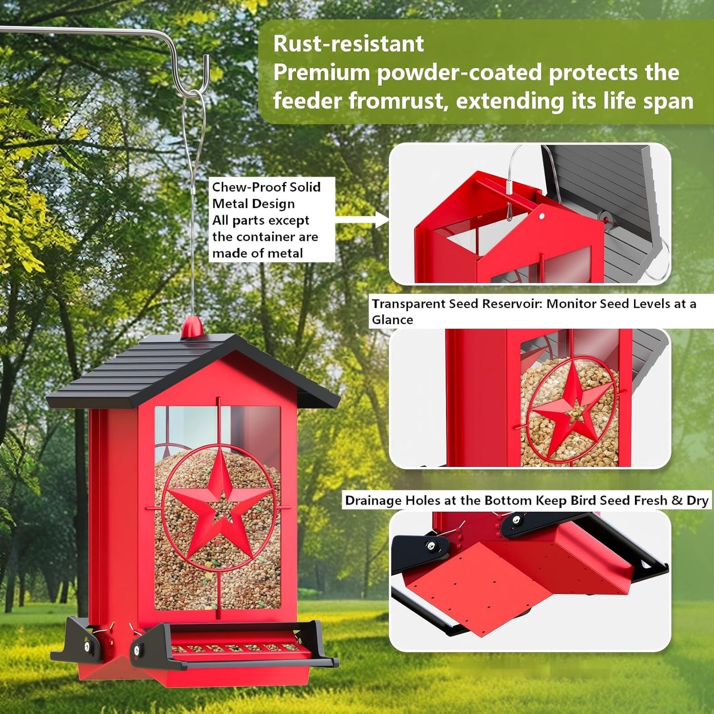 Squirrel Proof Bird Feeders for Outdoors With Weight-Activated, Metal 5LB Large Wild Bird Feeders for Cardinals,Blue jay,Finch, Weatherproof Durable Hanging Bird Feeder for Backyard,Garden,Patio - Red
