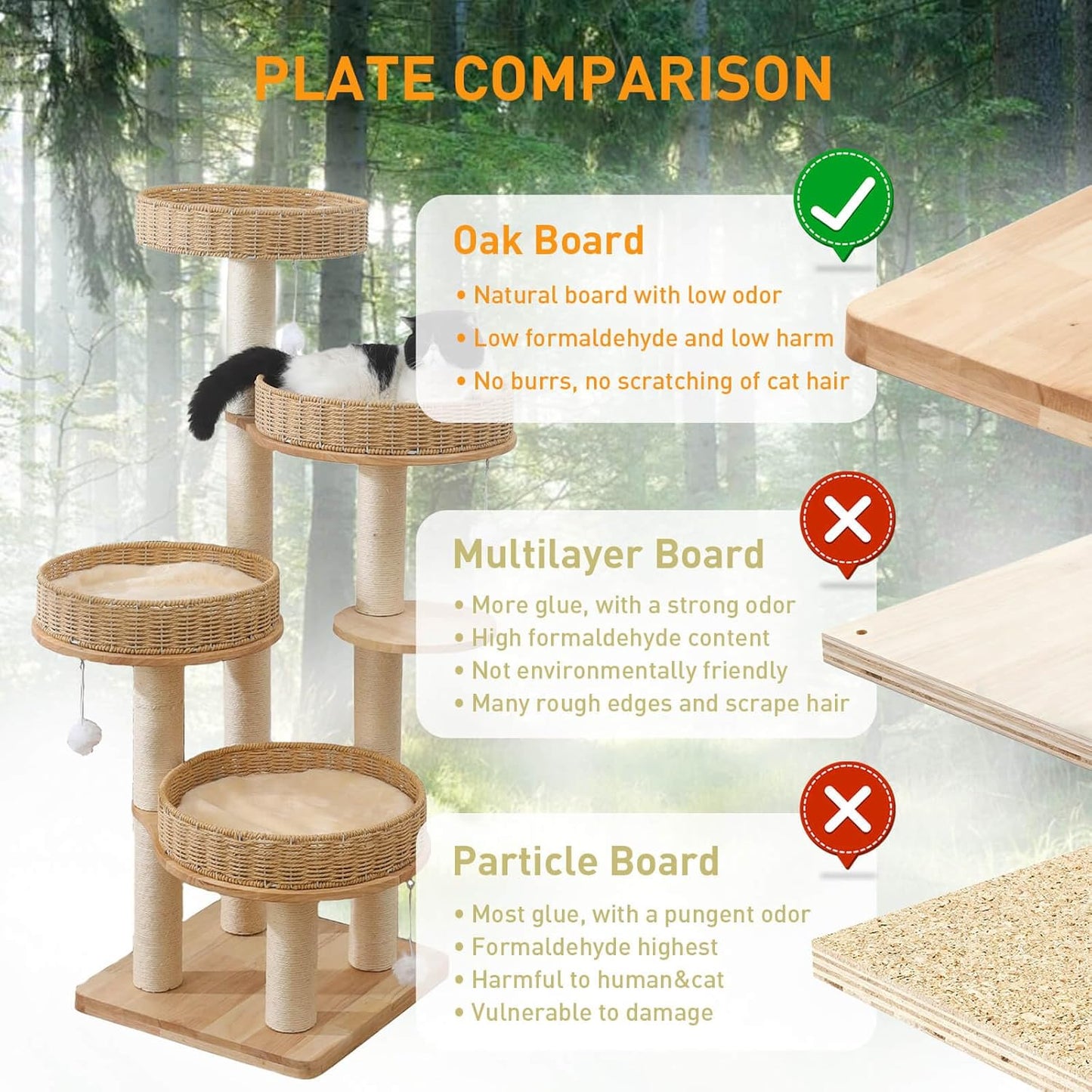Modern Cat Tree for Indoor Cats Large Adult, 54''Tall Cat Tower with Scratching Post, Wood Cat Tree for Large Cats with Multi-Levels, 4 Weaving Washable Handwoven Rattan Cat Condo