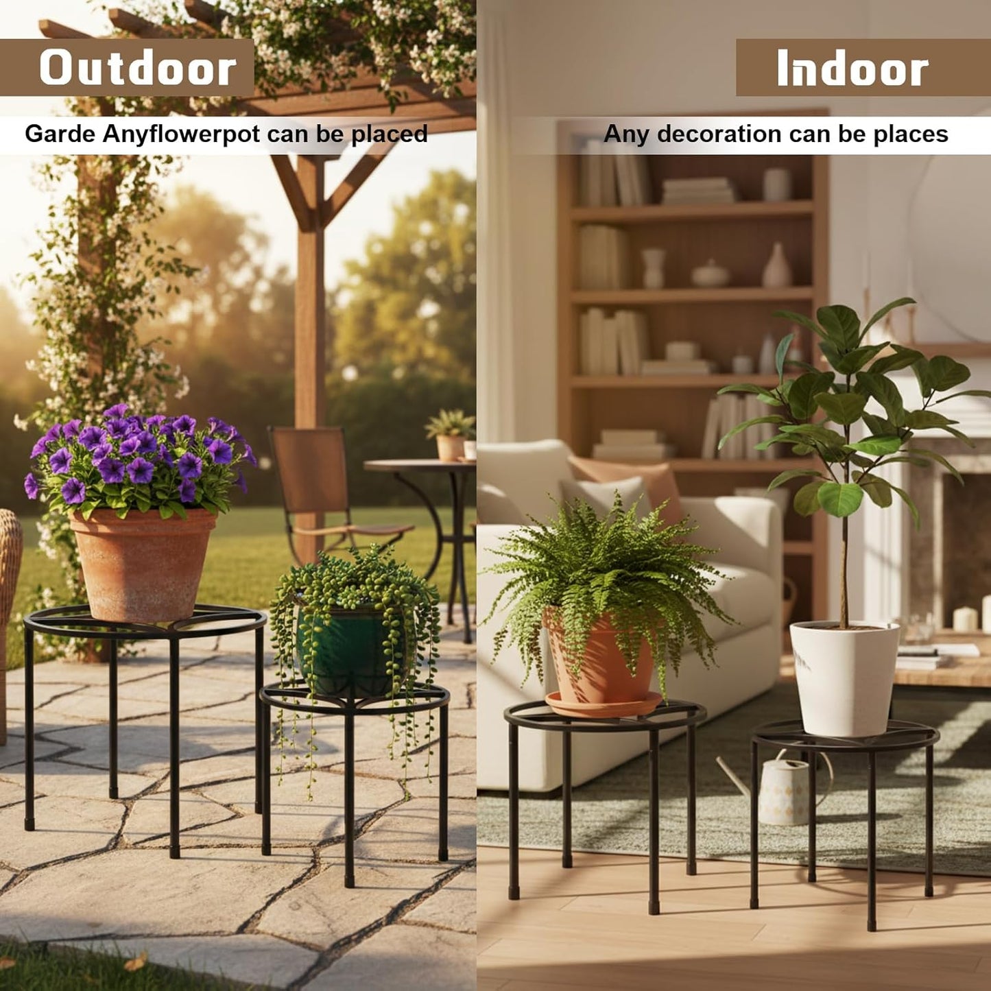 4 Pack Metal Plant Stands for Indoor Outdoor Plants Rustproof Metal Flower Pot Stands Round Plant Shelf Heavy Duty Potted Plants Shelf Decoration for Planter Supports Garden Home (3 Sizes)