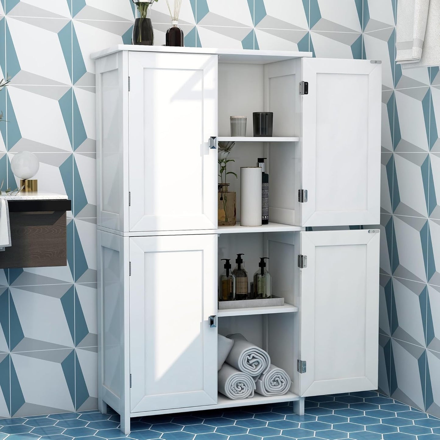 TaoHFE 2 Tier White Bathroom Storage Cabinet,Wood Bathroom Cabinets Freestanding with 4 Door Organizers Storages with Adjustable Shelves, Storage Cabinet for Living Room,Laundry Room,White
