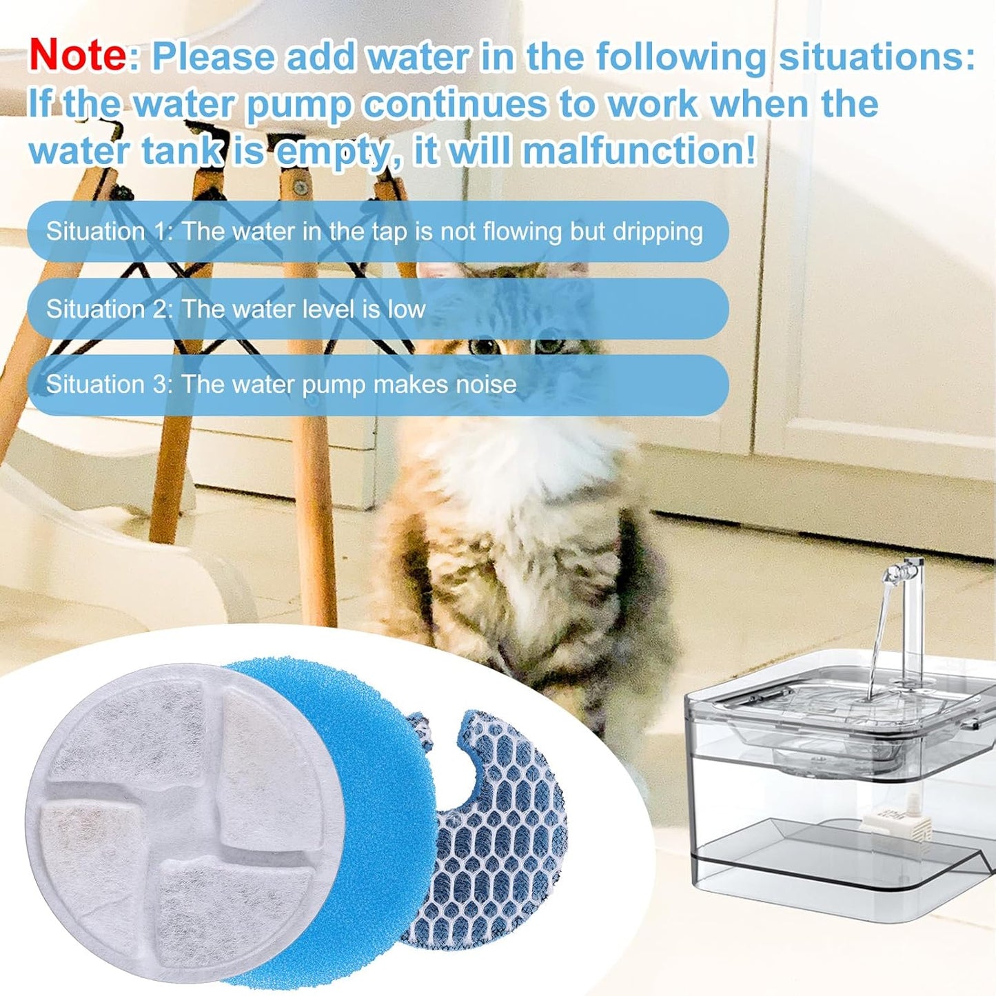 6 Set Cat Water Fountain Filters and Filter Sponges, 3 Triple Filtration System Pet Dog Water Dispenser Filter Replacement Activated Carbon Filters for 67oz/2L Stainless Steel Cat Fountain