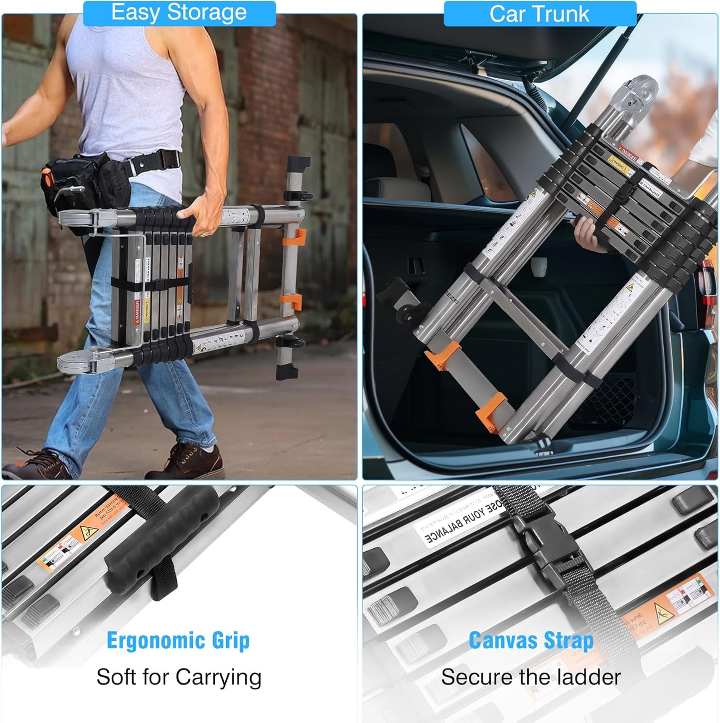 A Frame Telescoping Ladders 16.5 FT Stainless Steel,Telescopic Ladder 330lbs Capacity Compact Ladder with Balance Bar and Movable Wheels,Multi-Purpose Collapsible Ladder for Indoor Outdoor Work