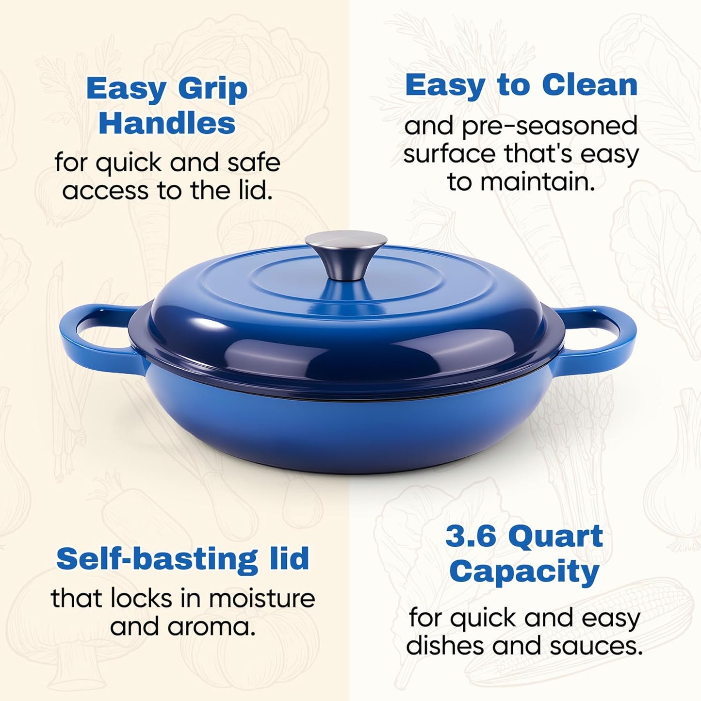 3 Quart Enameled Cast Iron Braiser, Non Stick Enameled Cast Iron Skillet with Lid, Dutch Oven Skillet with lid up to 500°F for Oven, Stove, Grill, Shallow Dutch Oven for Cook, Bake (Blue)