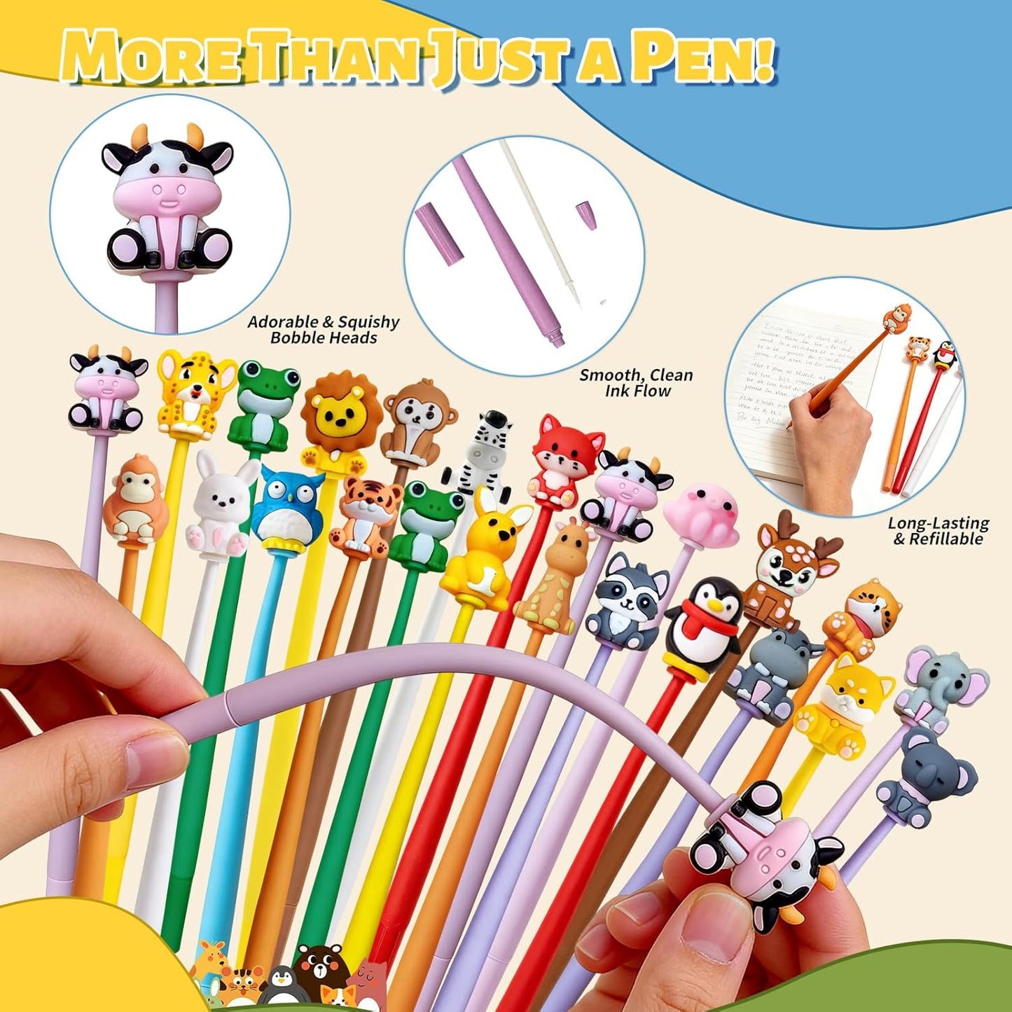 Animal Pens Cute Pens Assorted Fun Gel Ink Pen for Birthdays, Classroom Prizes, School, Office Supplies (Animal, 24)