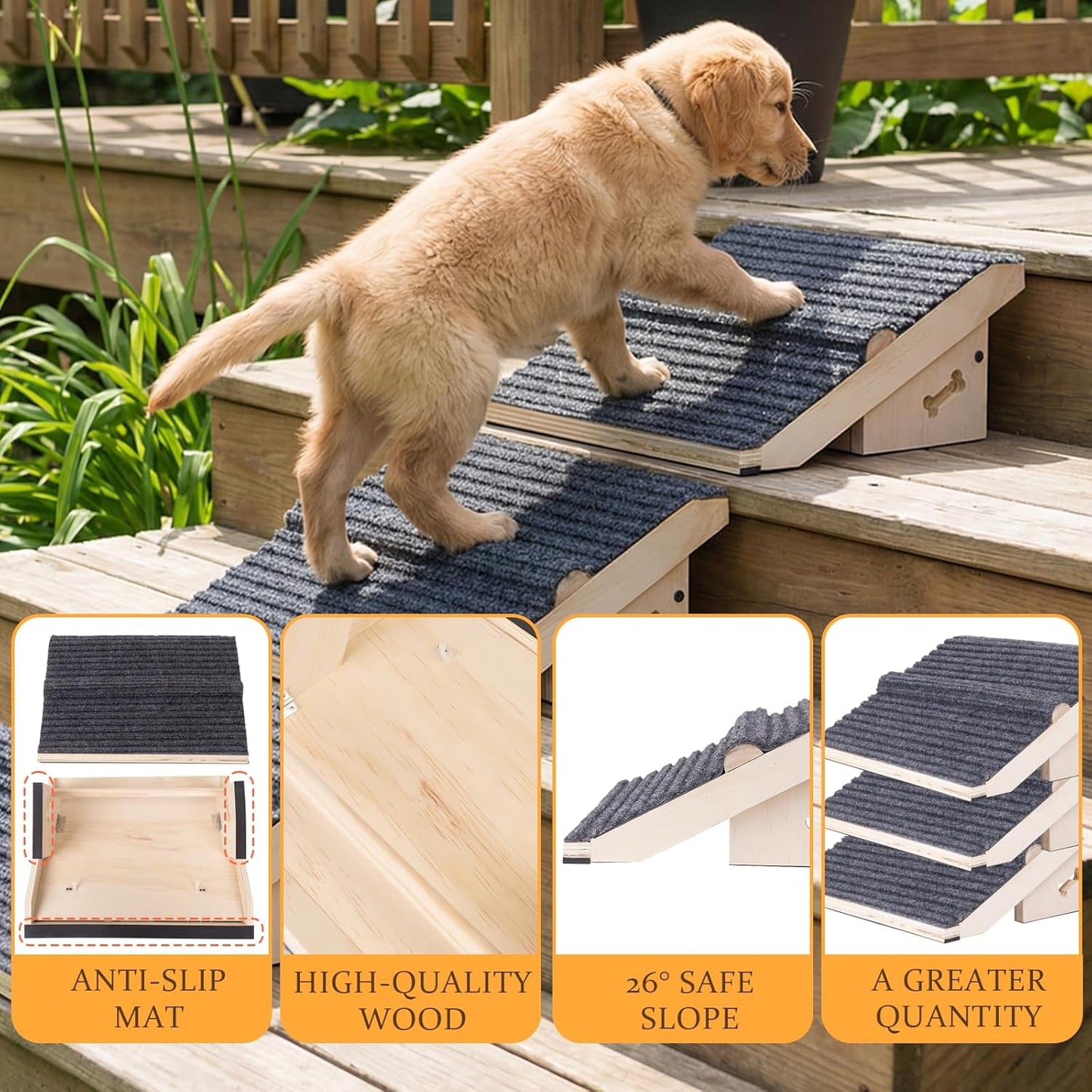3 Pack Wooden Dog Ramp for Stairs,Friendly to Short-Legged/Small/Injured/Aged Dogs with High Support,13L*9W*5H''+26°Slope Fits Your Staircase,with Anti-Slip Pads for Climbing Safely,Stairs Assist