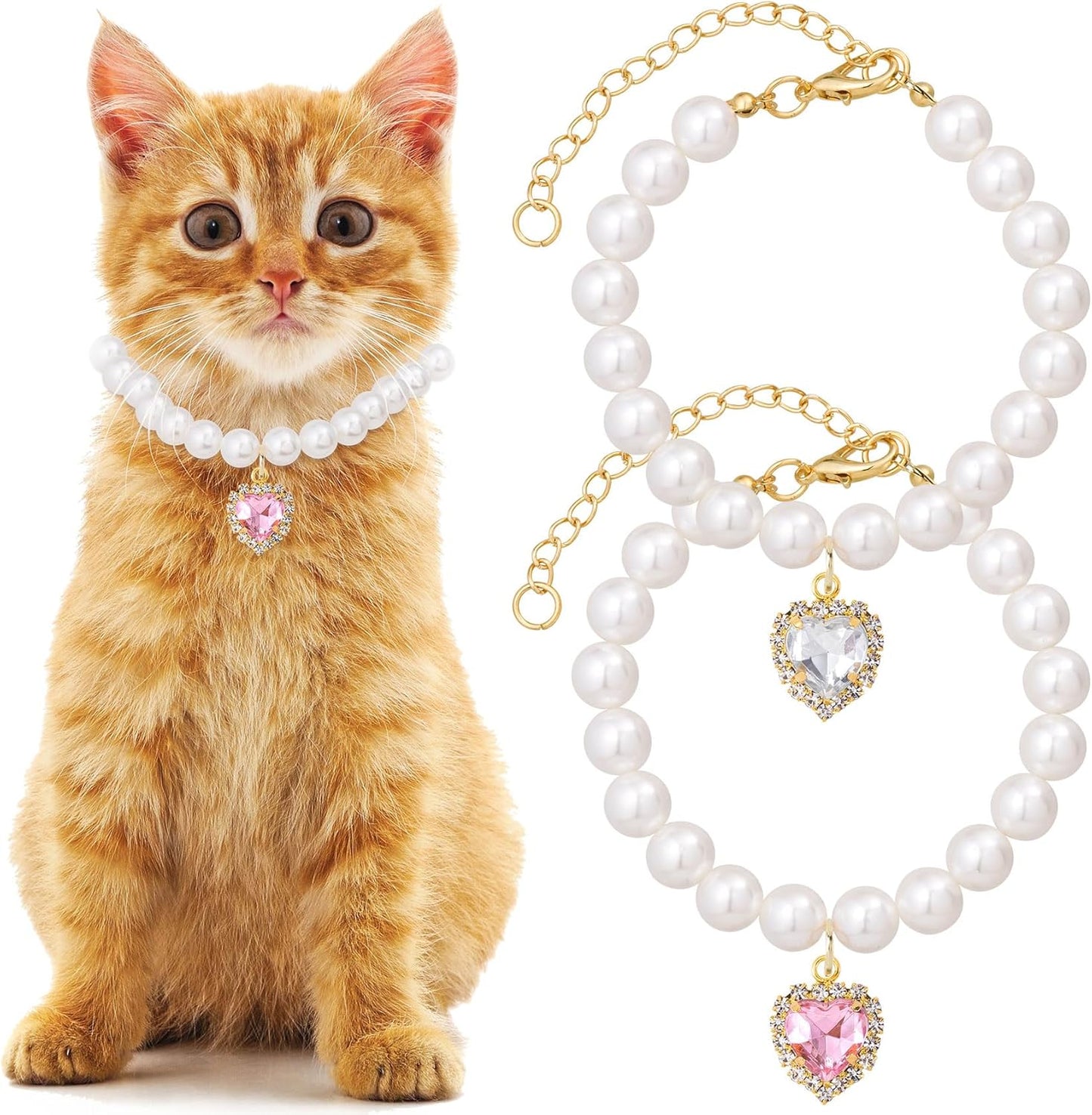 2pcs Cat Dog Pearl Collar, Small Heart Shape Rhinestone Pet Necklace, Adjustable Wedding Party Pet Jewelry Accessories for Puppy Small Cats- White & Pink