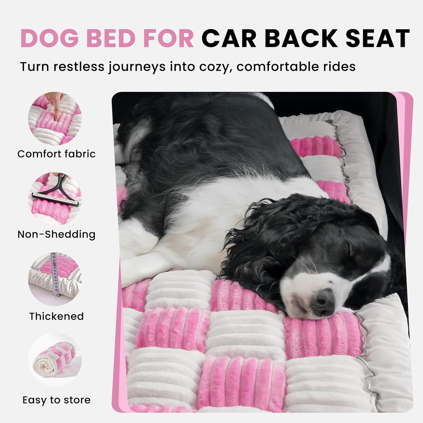 Backseat Dog Bed Mat, Non-Slip Dog Bed for Car Back Seat, Soft & Cozy Dogs Blanket, Washable Travel Pet Mat Seat Protector for Cars, SUVs, Trucks (Pink/White, 51.1" L x 23.6" W x 1.5" Th)