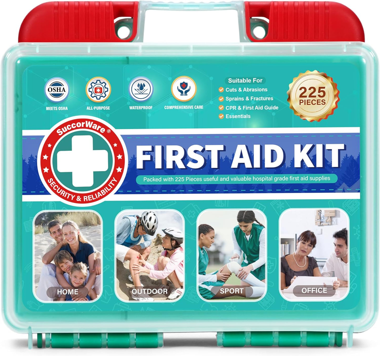 225 Pieces First Aid Kit, Includes Ice Pack, Adhesive Bandages, Wound Gauze Pads, Portable First Aid Bag for Home, Car, Business, Travel, Outdoor Emergency Medical Kits