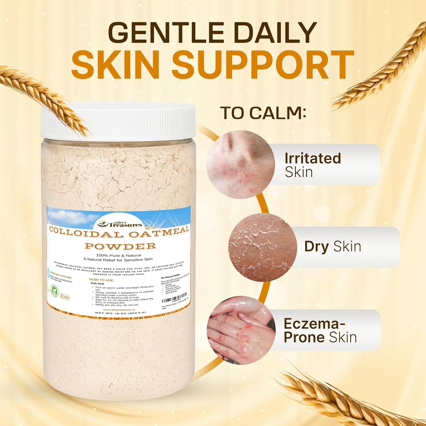 Dirty Treasures Colloidal Oatmeal Bath | Eczema & Itchy Skin Relief | Baby-Safe, 100% Natural, Fragrance-Free | 1 lb (16oz)