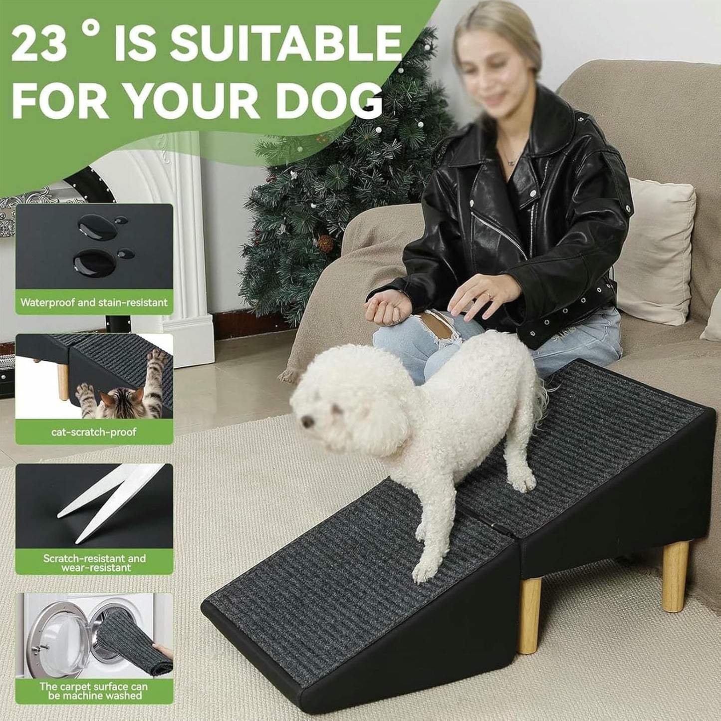 Dog Ramp Steps, Split Ottoman Dog Ramp,Gentle 23° Incline Foldable Pet Stairs for Small Medium Older Dogs and Cats,Removable Washable Anti-Slip Mat