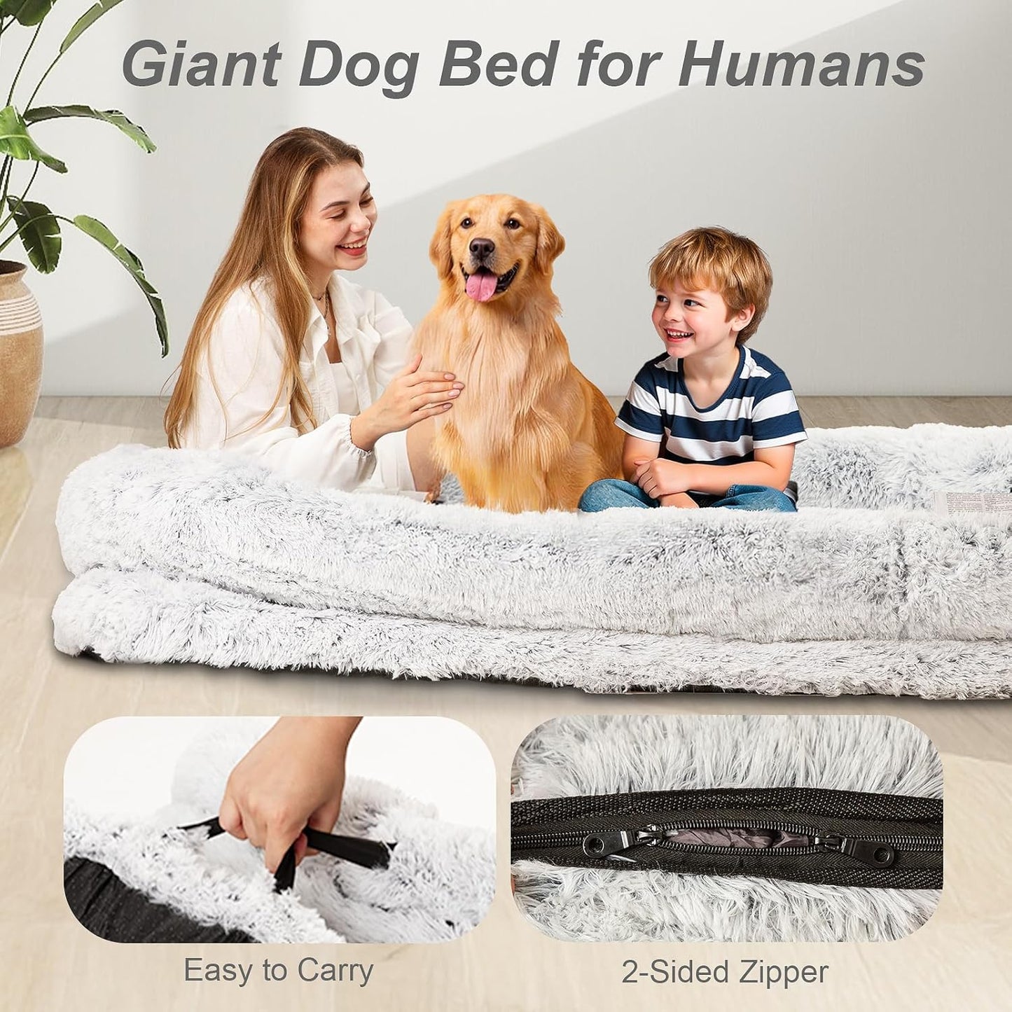 Human Dog Bed XL 79"x44"x12.5" - Shared Orthopedic Dog Bed for Adults & Pets, Large Size Faux Fur Pet Bed, Removable Washable Cover, Light Grey