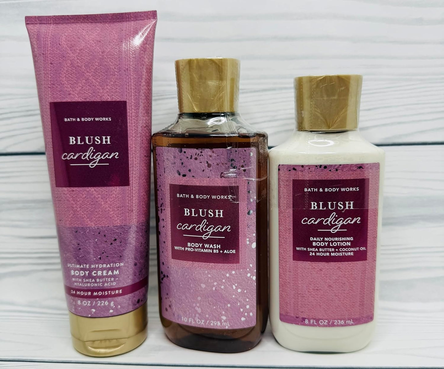 Bath & Body Works Body Blush Cardigan Gel Wash, Body Lotion and Ultimate Hydration Body Cream 3 Piece Set