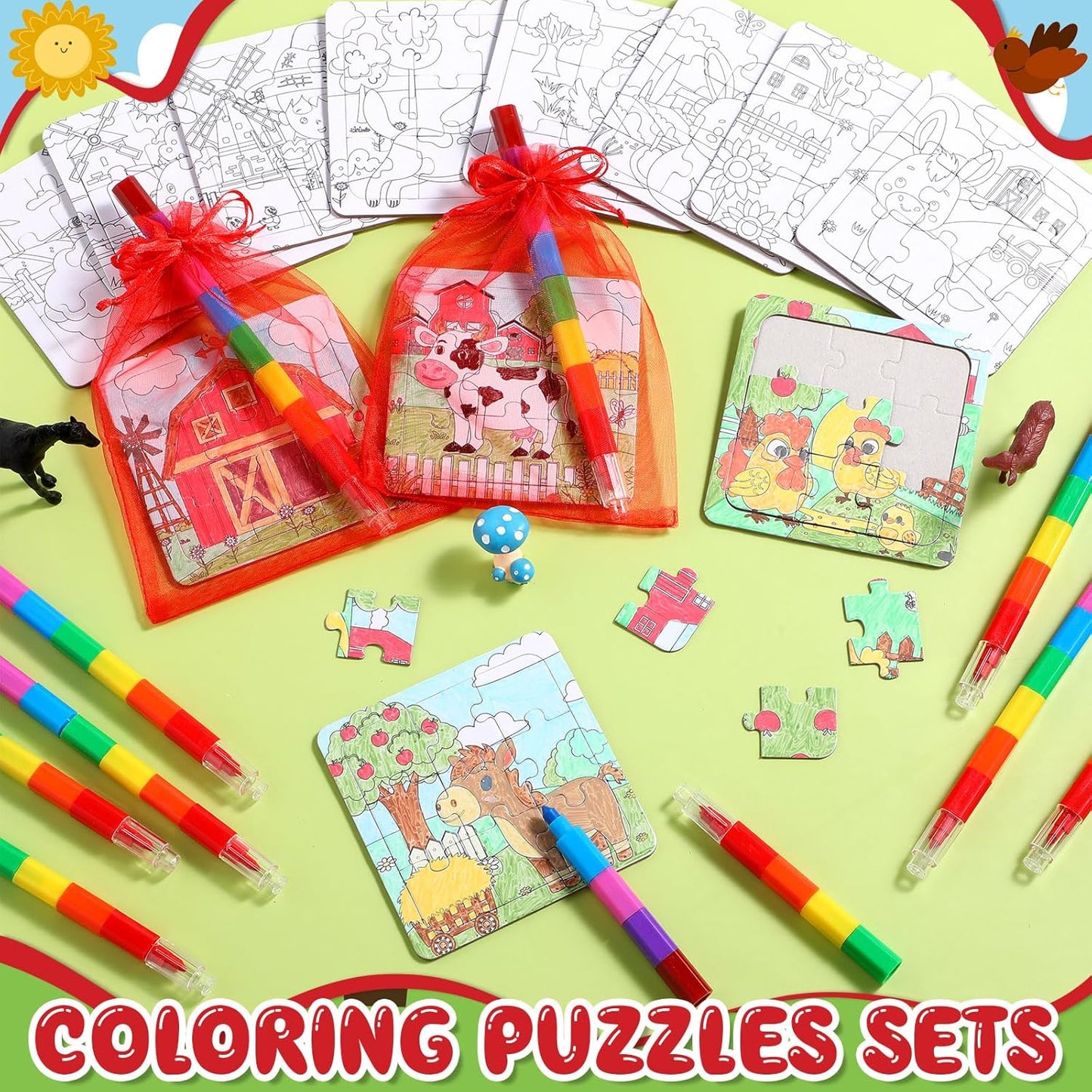 12 Sets Farm Animal Puzzles Barnyard Color Your Own Puzzles DIY Barn Theme Jigsaw Crafts with 12 Stackable Crayons 12 Bags for Farmhouse Animal Gifts Birthday Party Supplies Favors