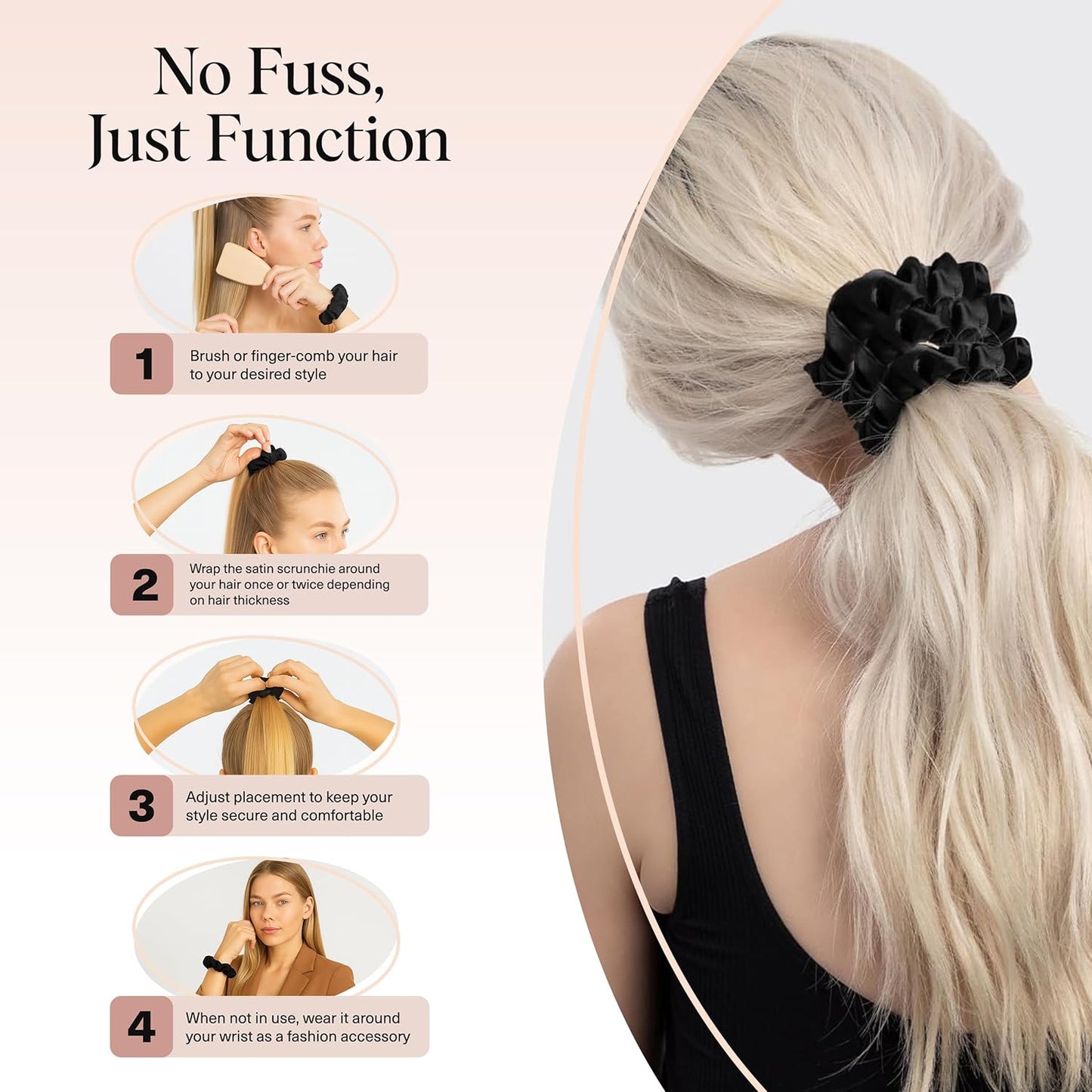 Kitsch Satin Scrunchies for Women - No Crease, Frizz Control | Softer Than Silk Scrunchies Gentle On Hair Scrunchies for All Hair Types | Stylish Hair Accessories College Essentials - Black, 5pcs