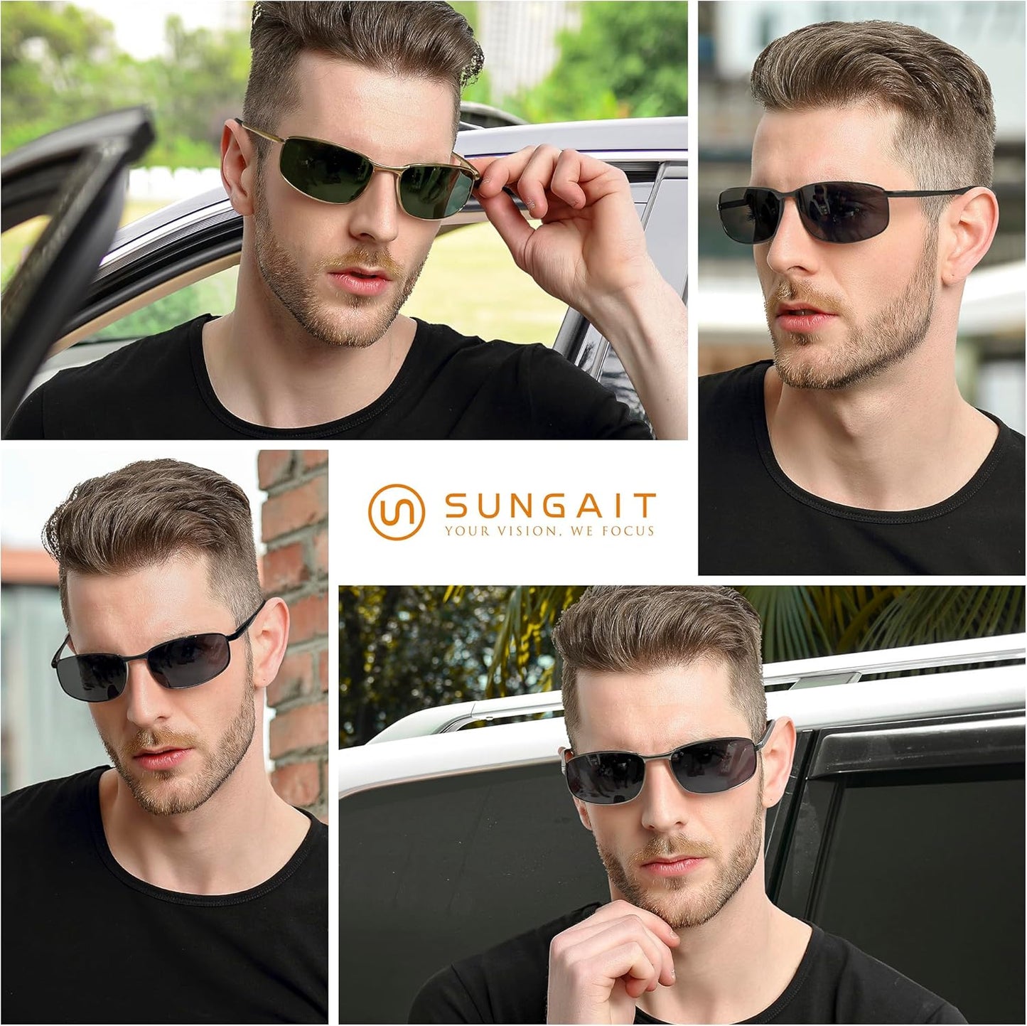 SUNGAIT Mens Narrow Polarized Sunglasses Metal Frame Small Rectangle Retro Durable UV400 Protection