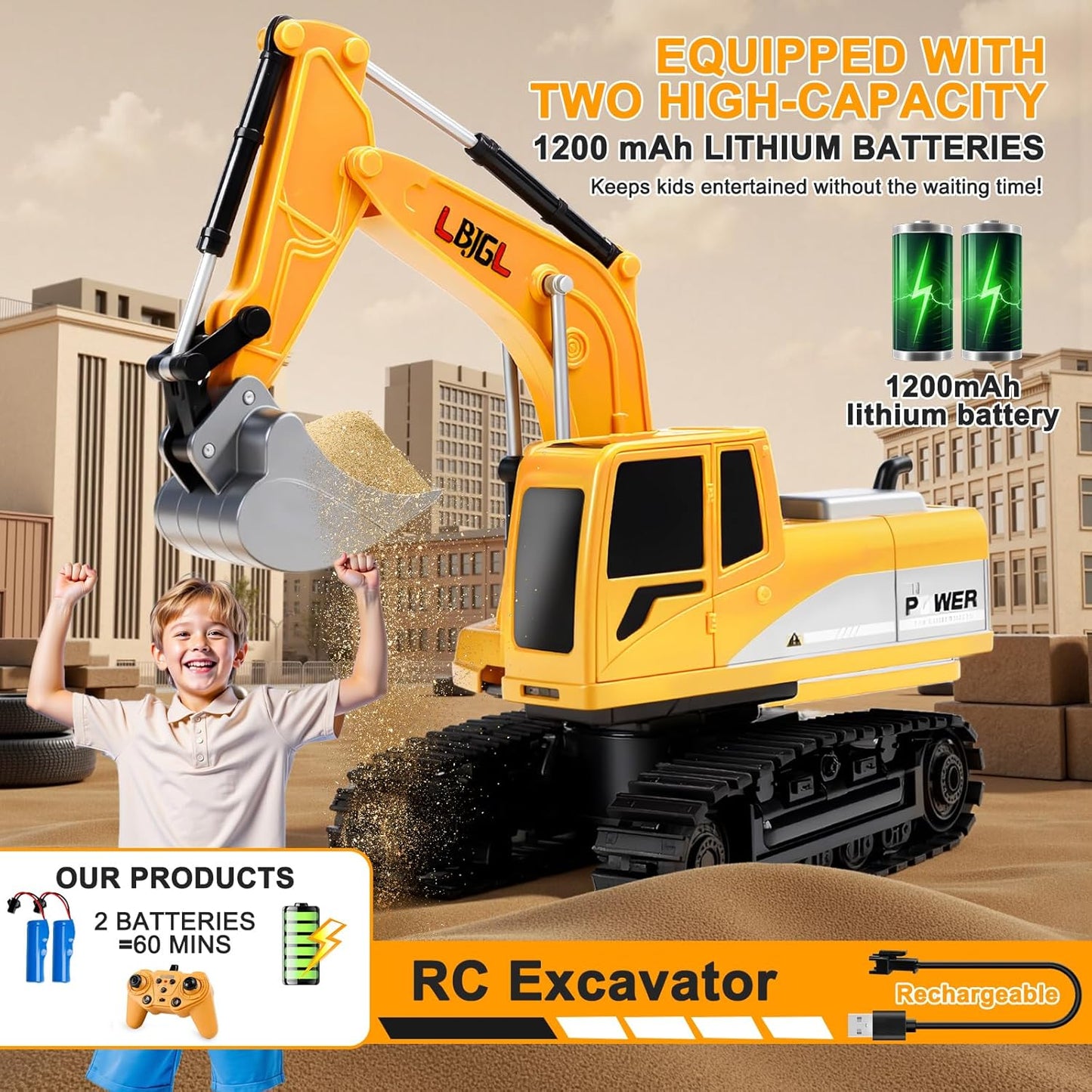 Remote Control Excavator Toy for Boys Kids, 1:24 RC Construction Vehicles with Metal Shovel, Realistic Lights & Sounds, Best Christmas | Birthday Gift for Boys & Girls 3-5 4-7 8-12 12+ Year Old Kids