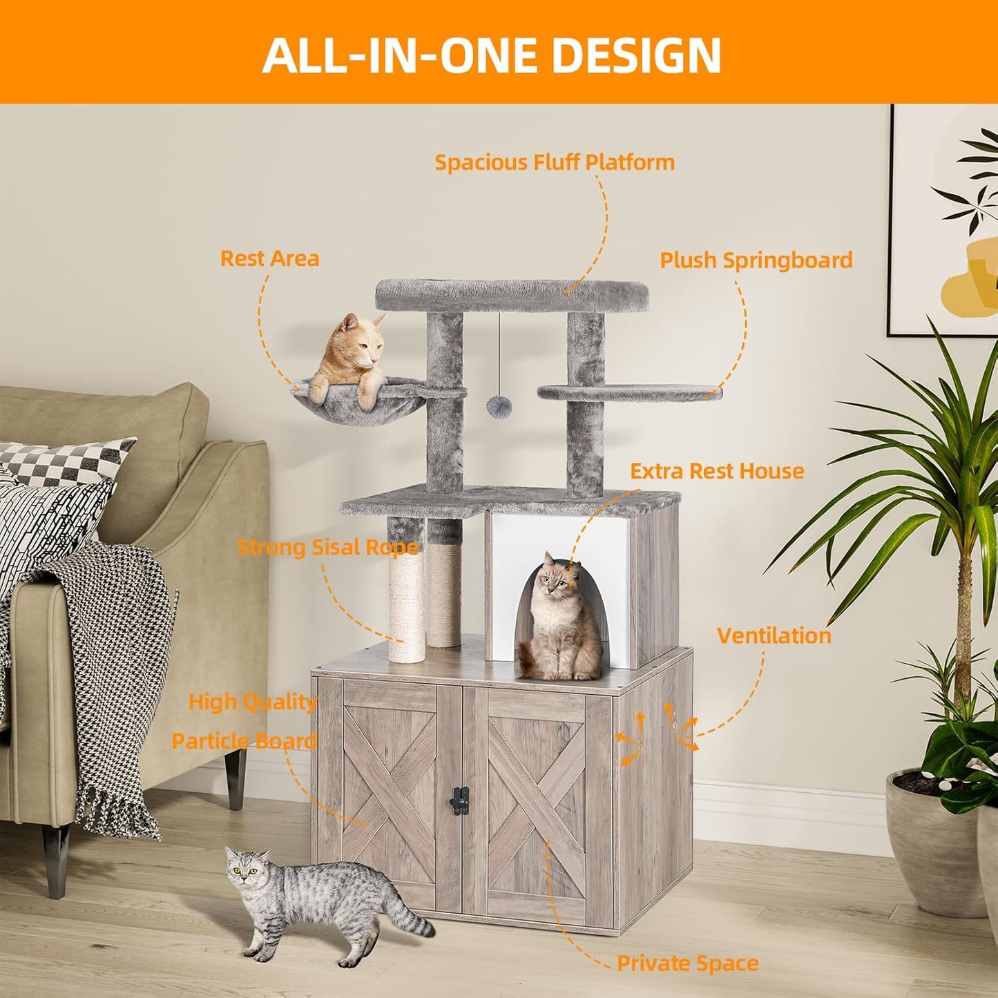 Snughome Cat Litter Box Enclosure with Tree Tower and Condo, Hidden Washroom Furniture with Sisal Scratching Post and Soft Plush Perch, Wooden Cat Furniture with Multiple Platforms, Grey