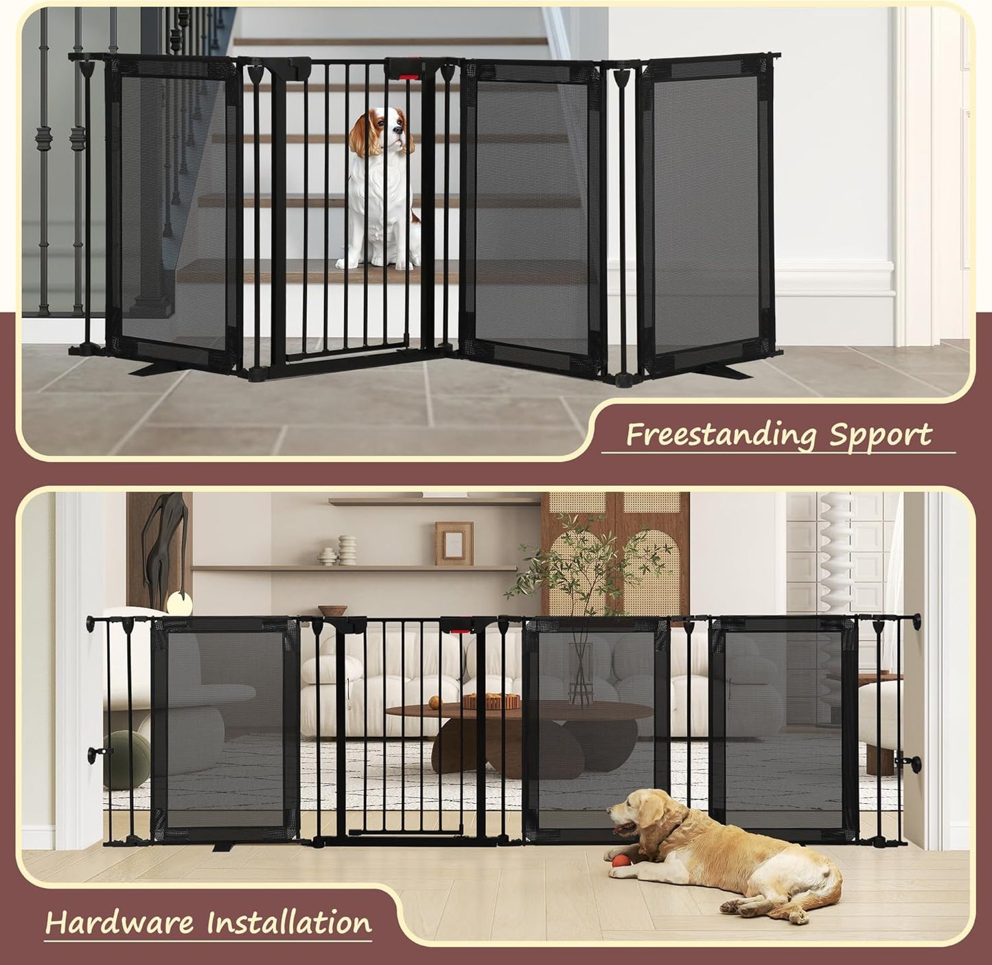 Freestanding Dog Gate, 100" Extra Wide Pet Gate with Auto-Close Door, Foldable Grip-Resistant Dog Fence for Indoor/Outdoor, 29" Tall Pet Barrier for Stairs/Doorways/Fireplace (4 Panels, Black)