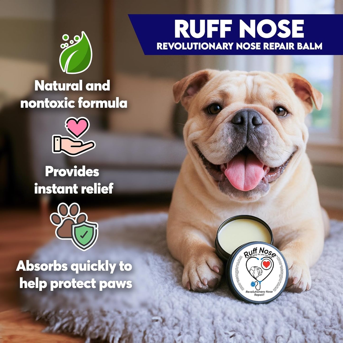 Dog Nose & Paw Balm (4 oz) - RuffNose Natural Moisturizer with Shea, Coconut & Cocoa Butter - Helps Condition Dry, Rough Paws and Noses - Suitable for Daily Use, All Breeds - Made in The USA