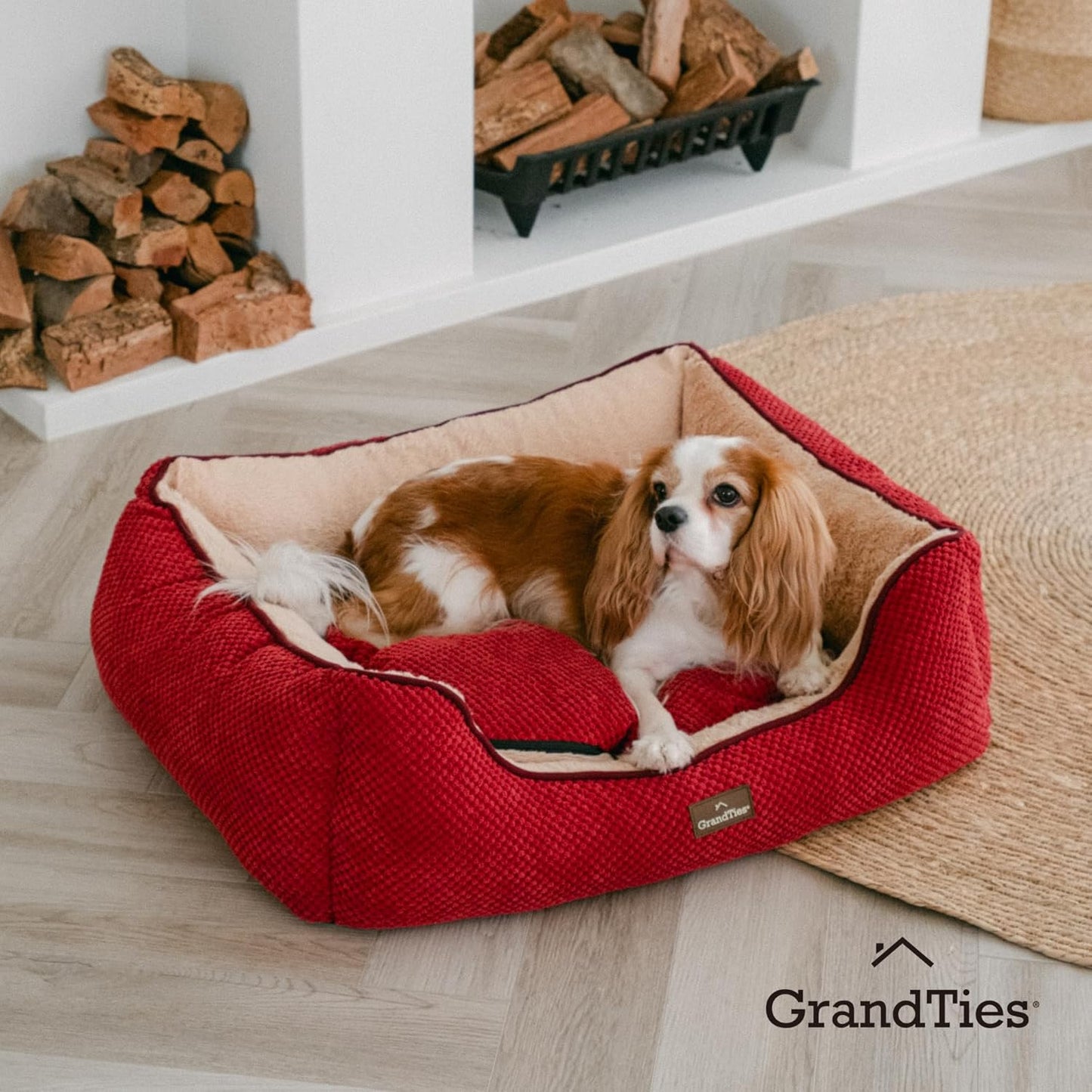 GRANDTIES Fluffy Dog Beds for Small Medium Large Dogs & Cats, Machine Washable Dog Bed, Rectangle Breathable Soft Calming Sleeping Warming Pet Beds with Waterproof & Non-Slip Bottom (M 34", Cherry)