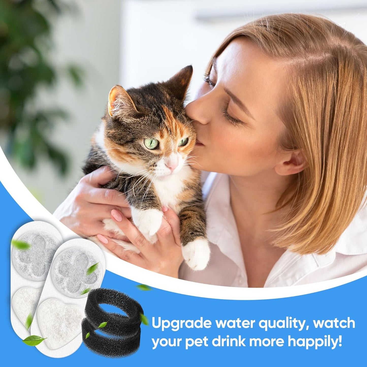 Cat Water Filter Replacement Compatible with APAUK 108oz/3.2L Cat Fountain, Triple Filtration Carbon Filters for Pet Fountain, Includes 8 Filters and 8 Sponges