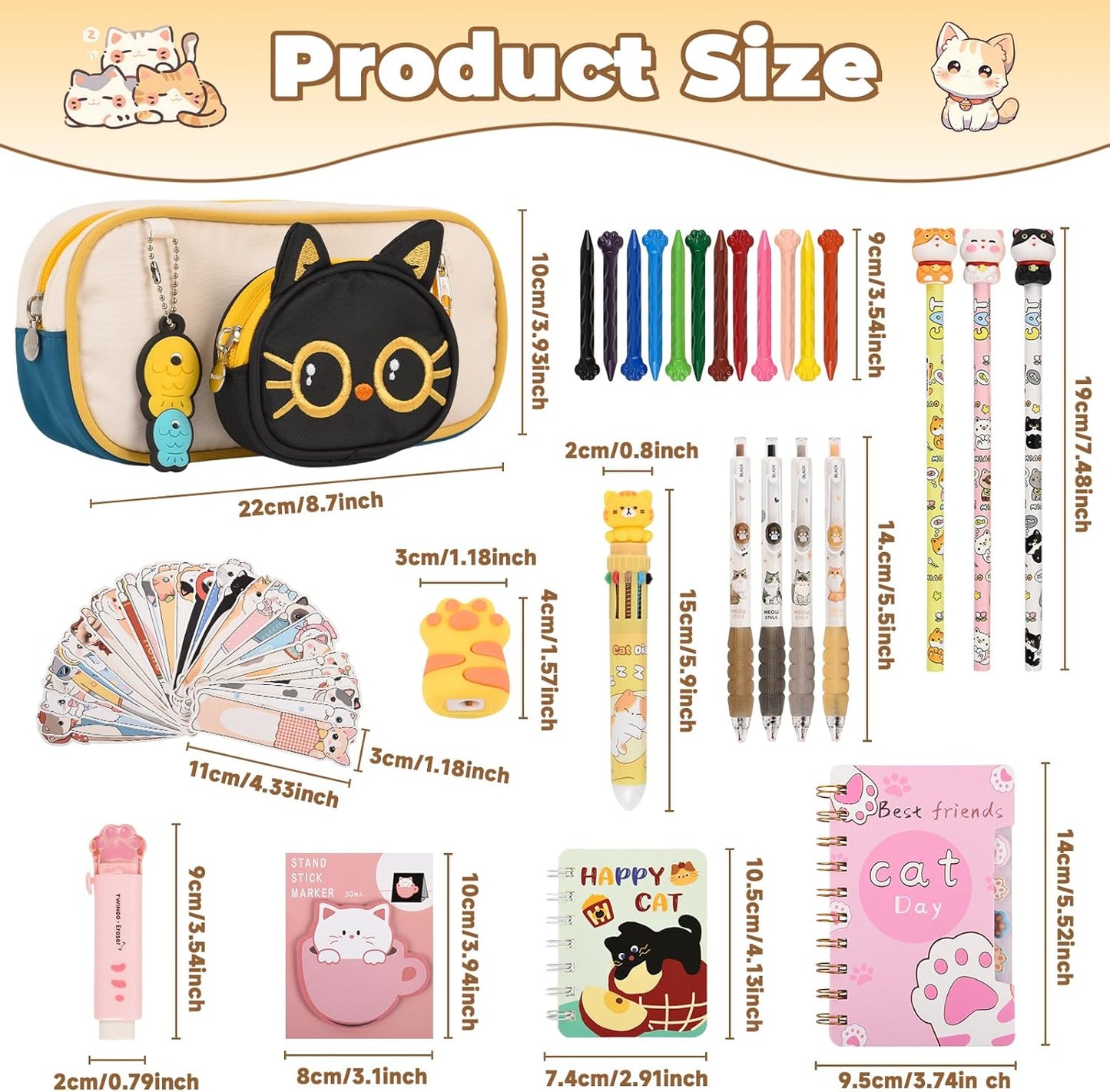 58 Pcs Cute Cartoon Cat Stationery Set Cat Lover Gifts Christmas Gifts for Boys Girls with Cat Ballpoint Pen, Gel Pens,for Birthday Gifts,School Office Classroom Supplies.