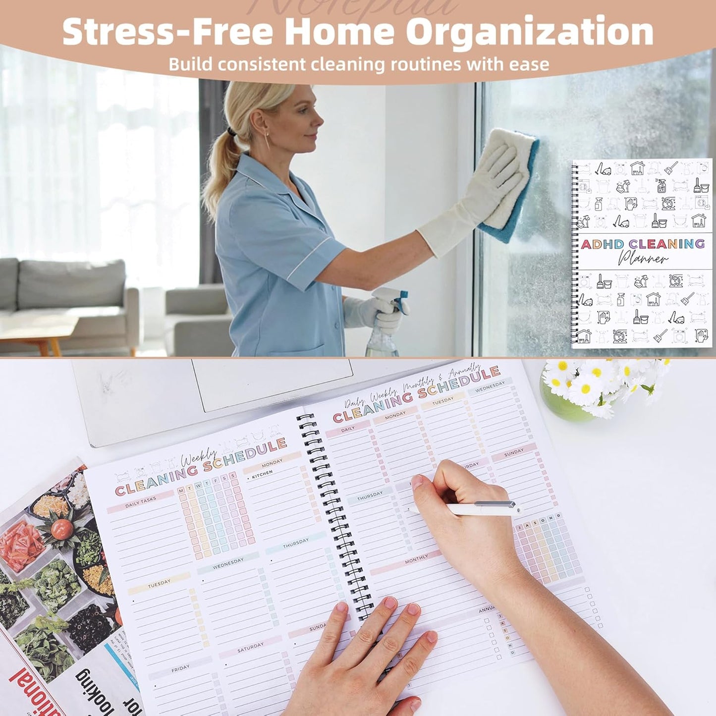 PGJ ADHD Cleaning Planner for Adults – Undated Daily, Weekly & Monthly Cleaning Schedule & Checklist – Household Chores Organizer Notebook for Home Management, Routine Tracking Family Cleaning Tasks