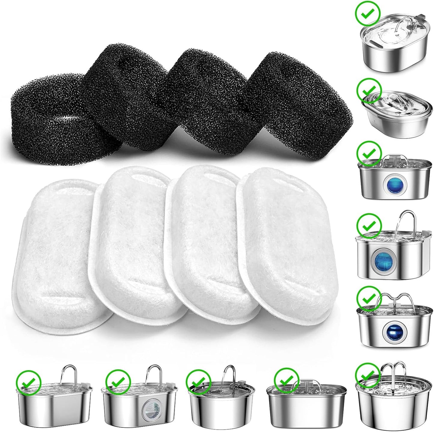SOOFPET Stainless Steel Cat Water Fountain Filters: 8 Pack Filters (Carbon Filters + Sponge Filters) - Replacement Filters for 108oz cat Fountain