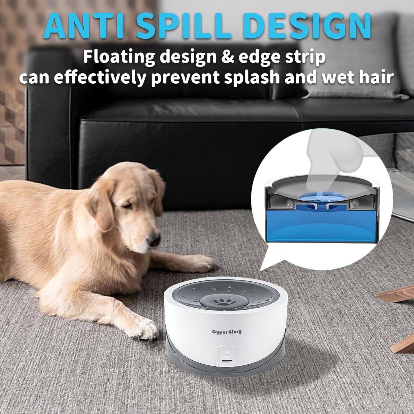 Dog Water Bowl, No Spill 55oz Pet Water Bowl for Cats & Small Puppies to Medium Large Breeds, Anti Splash Slow Drinking Water Feeder for Messy Drinkers (White w/ 2 Fliters)