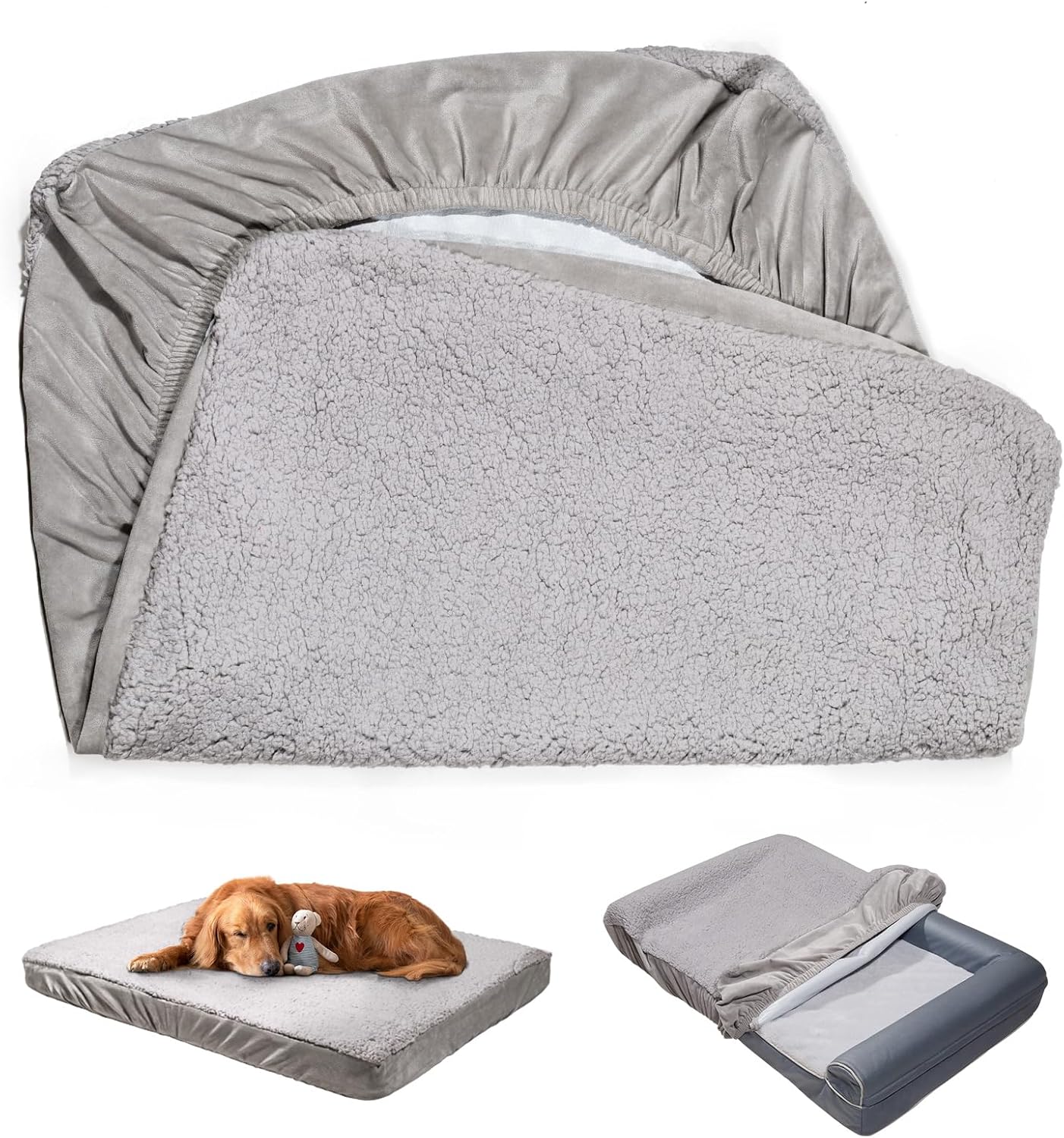 Dog Bed Covers Replacement Washable, Waterproof Dog Sofa Cover Ultra Soft Plush, Quilted, Pet Bed Cover for Cat, Cover Only (Grey, 35.0" L x 23.0" W x 6.5" Th)
