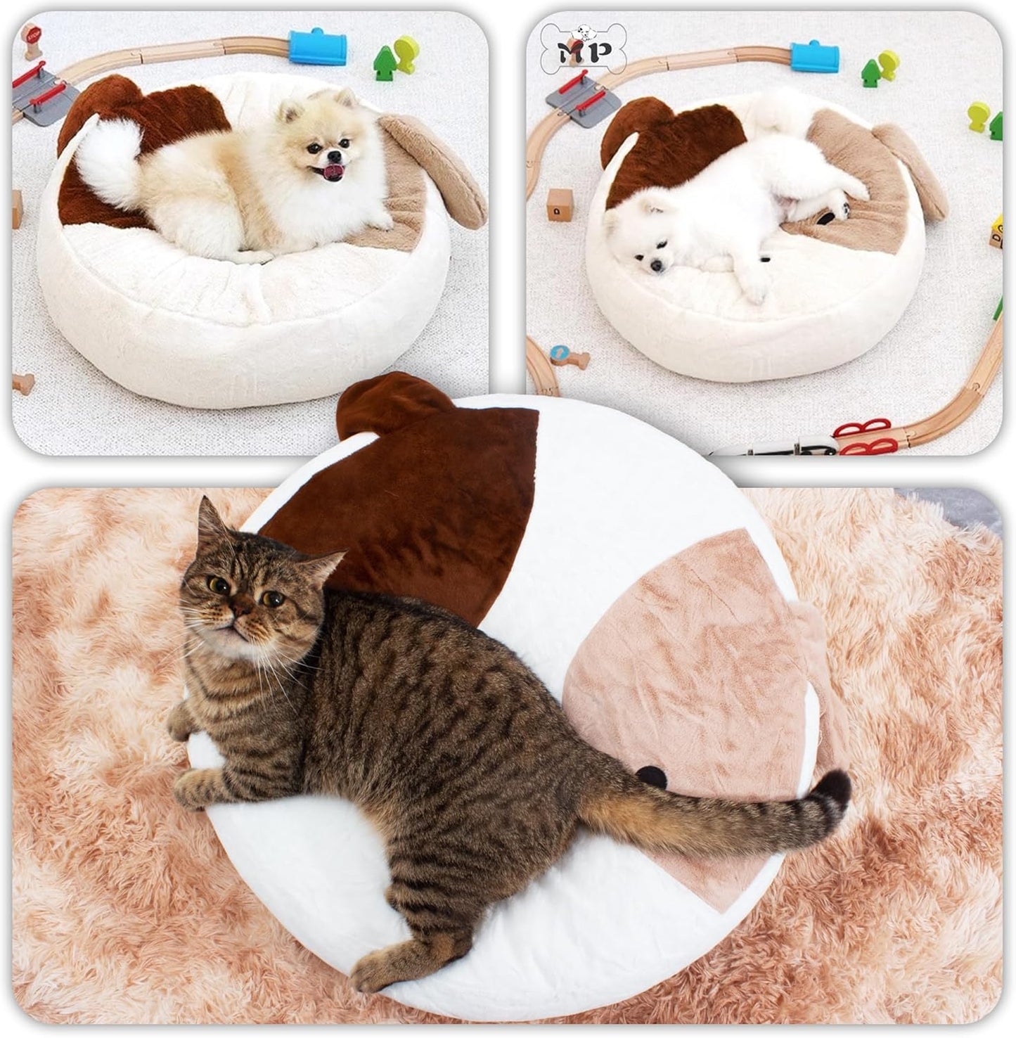 Cat Beds for Indoor Cats, Calming Small Dog Bed Washable 23.6 inches, Anti-Slip Round Faux Fur Fabric Pet Bed, Fits up to 25 lbs Pets, Donut Dog Beds & Furniture, Wihte