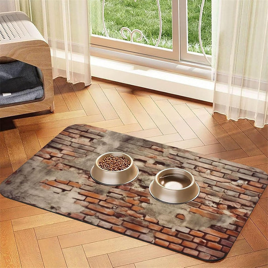 Ancient Worn Brick Wall Pet Feeding Mat 40x60cm Absorbent Leather Dog Cat Food Mats Non-Slip Dog Bowl Mats for Food and Water, Quick Dry Pets Placemats for Cats and Dogs Water Bowl