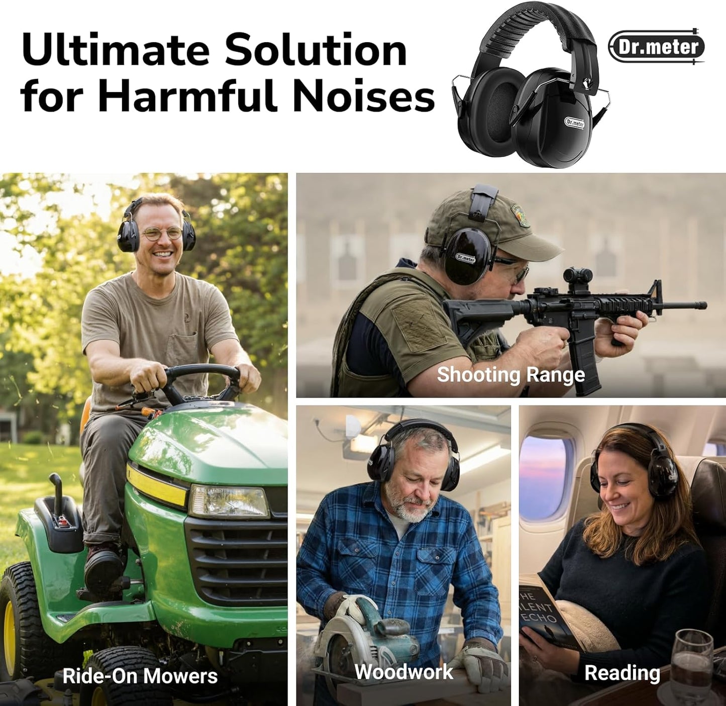 Hearing Protection Ear Muffs, 31dB Noise Reduction Safety Earmuffs with Adjustable Headband for Adults Kids Autism Sensory, Ear Muff for Yard Work, Mowing or Hunting -Pure Black 2PACK
