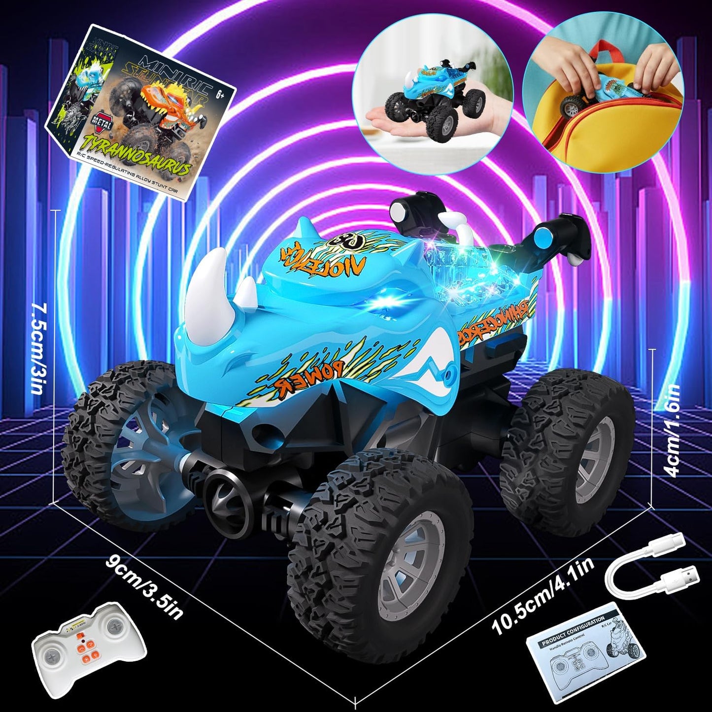 Gohero 1:64 Monster Trucks Toys, 2.4GHz Mini Remote Control Car for Boys 4-7, 360° Spin & Walk Upright ，Little Blue Truck Metal Shell & RGB Light，Boys Toys 6-8 Years Old ，Christmas& Birthday Gifts