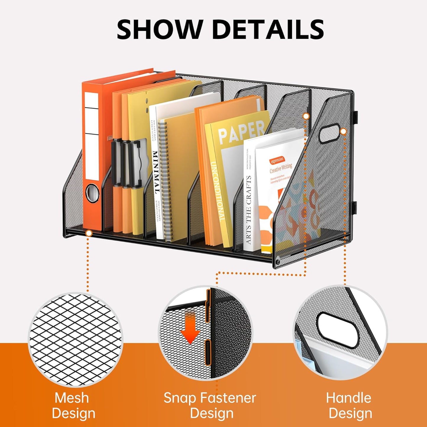 SUPEASY Binder Organizer, Magazine File Holder with 5 Vertical Compartments Rack, Metal Desk File Organizer & Binder Holders, Magazine Organizers for Office Desktop, Home, School (Black)