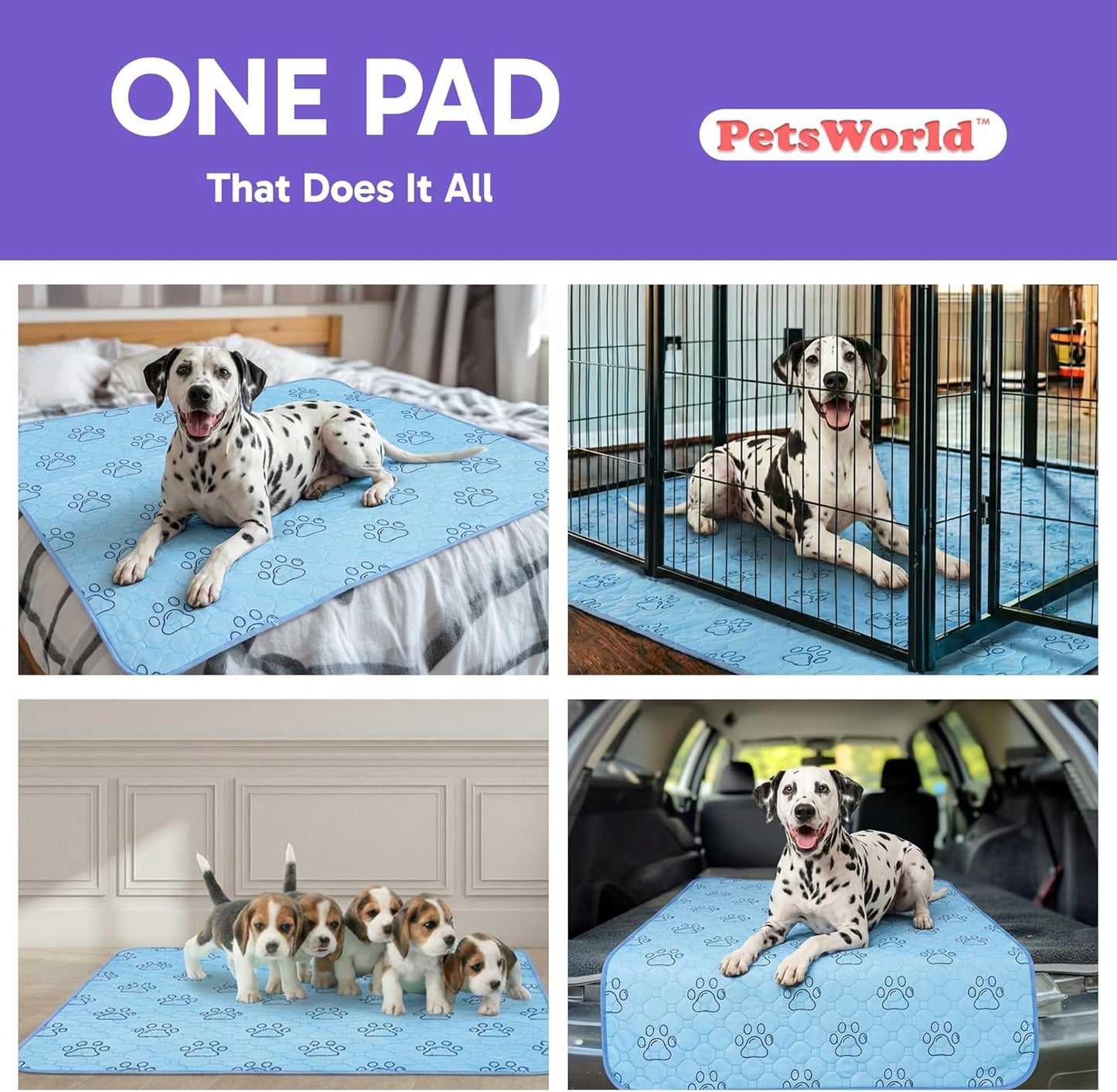 PETSWORLD Washable Reusable Dog Pee Pads (Pack of 4) – 34” x 36” Training Pads with Non-Slip Backing - Waterproof, Leakproof, Highly Absorbent Pet Pads for Puppies & Dogs