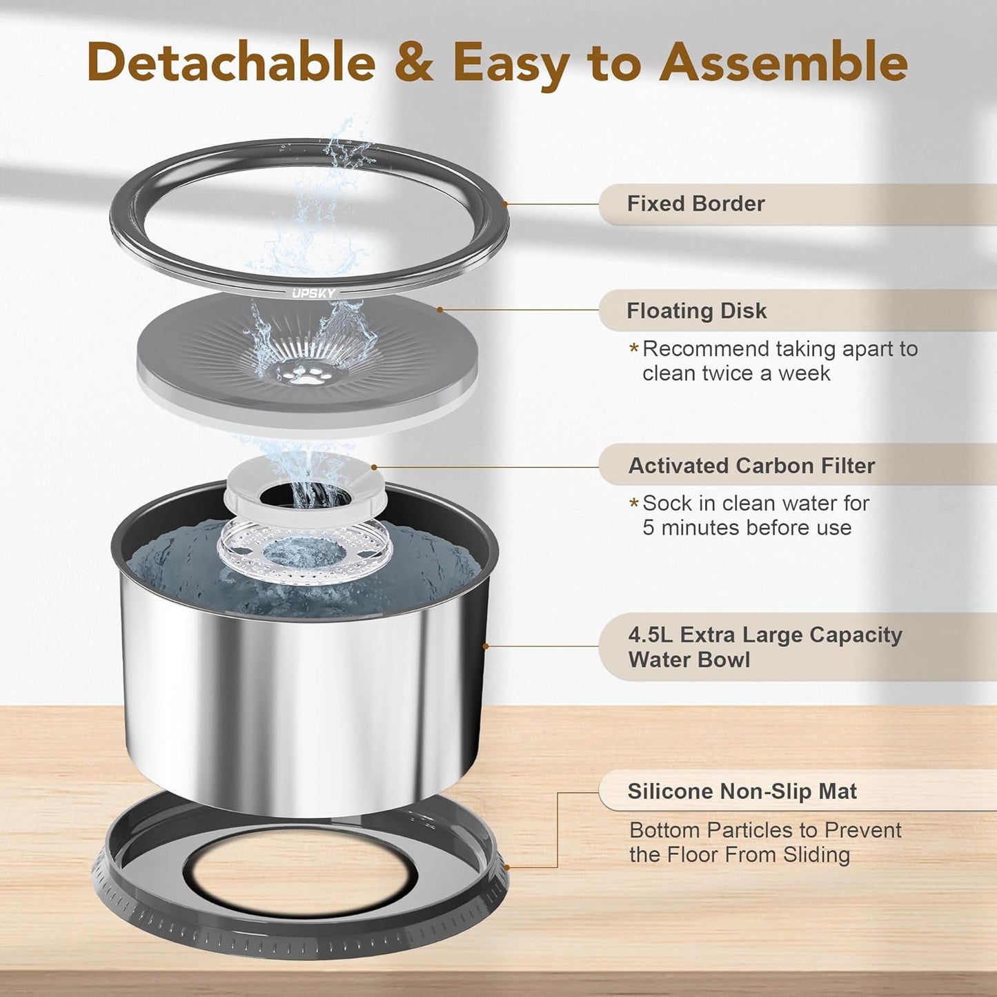 UPSKY 4.5L Dog Water Bowl,Large Capacity No Spill Dog Water Bowl,Stainless Steel Spill Proof Slow Water Feeder,No Splash Water Bowl with Anti-Slip Mat for Messy Drinkers Grey, B.4.5L