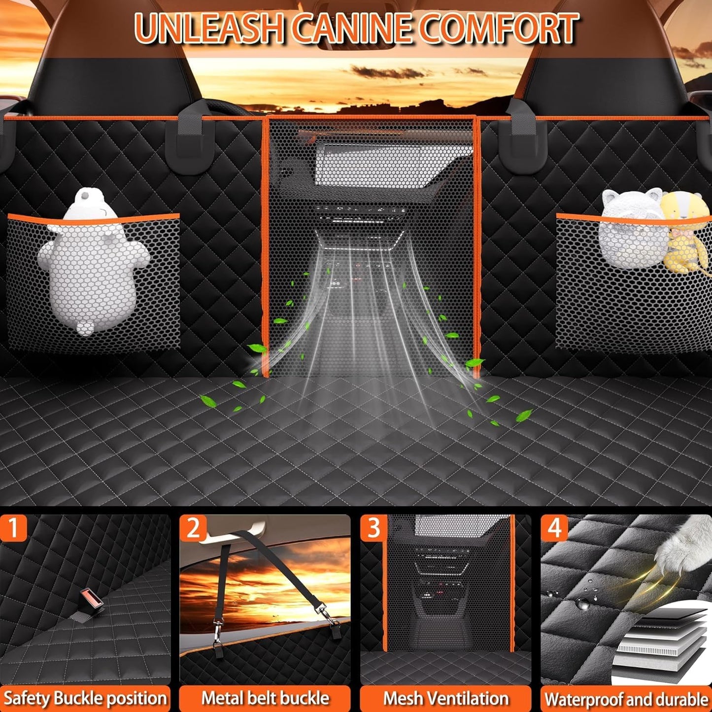 Back Seat Extender for Dogs - Large Space, Waterproof Dog Car Seat Cover for Back Seat with Hard Bottom Holds 420lbs, 600D Heavy-Duty Upgraded Material Dog Hammock for Car