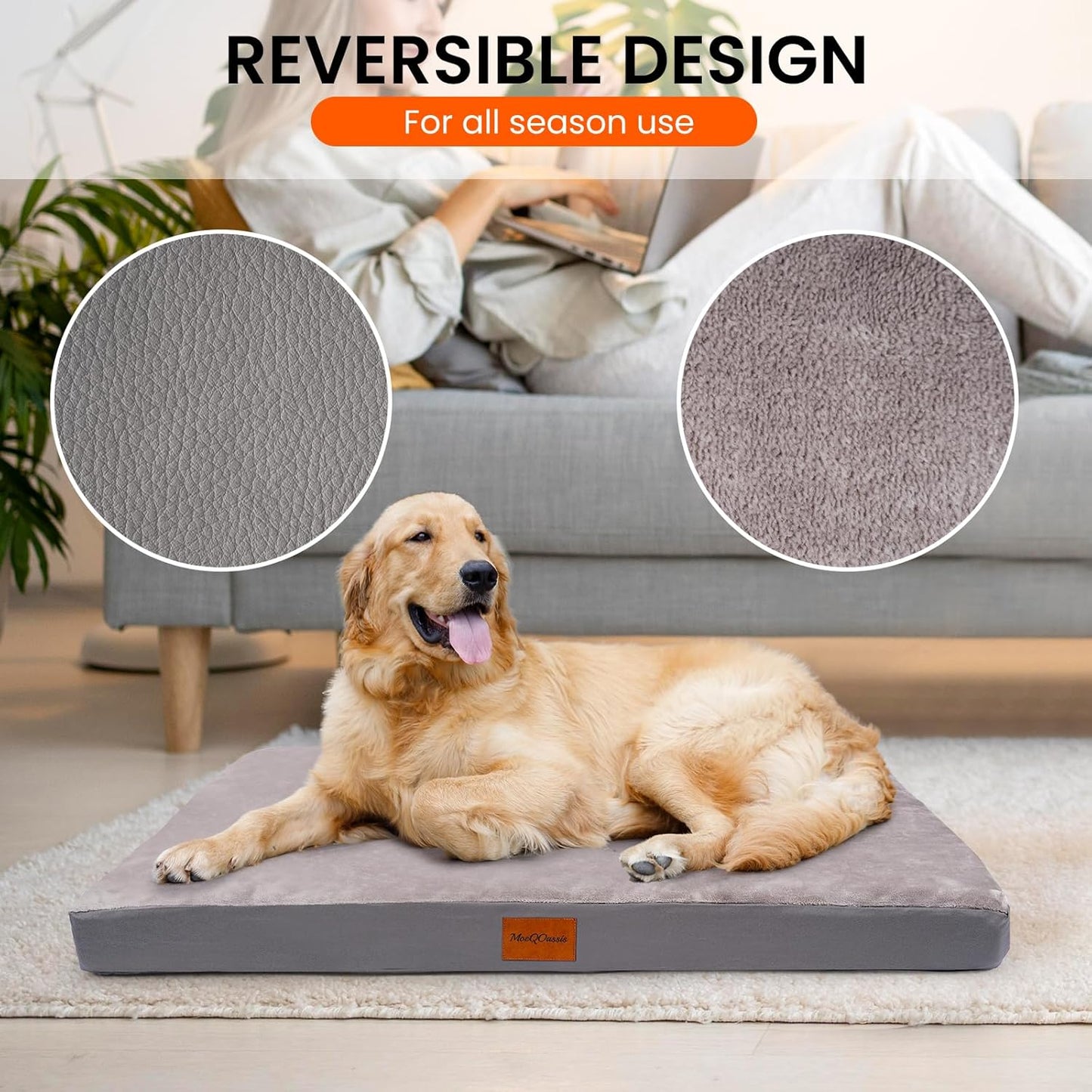Waterproof XLarge Dog Bed for Large and Extra Large Dogs, Orthopedic Washable Crate Pad 41 inch, XL Egg Crate Foam Pet Bed Mat with Removable Cover, Anti-Slip Reversible Kennel Pad, 41''×27'', Grey