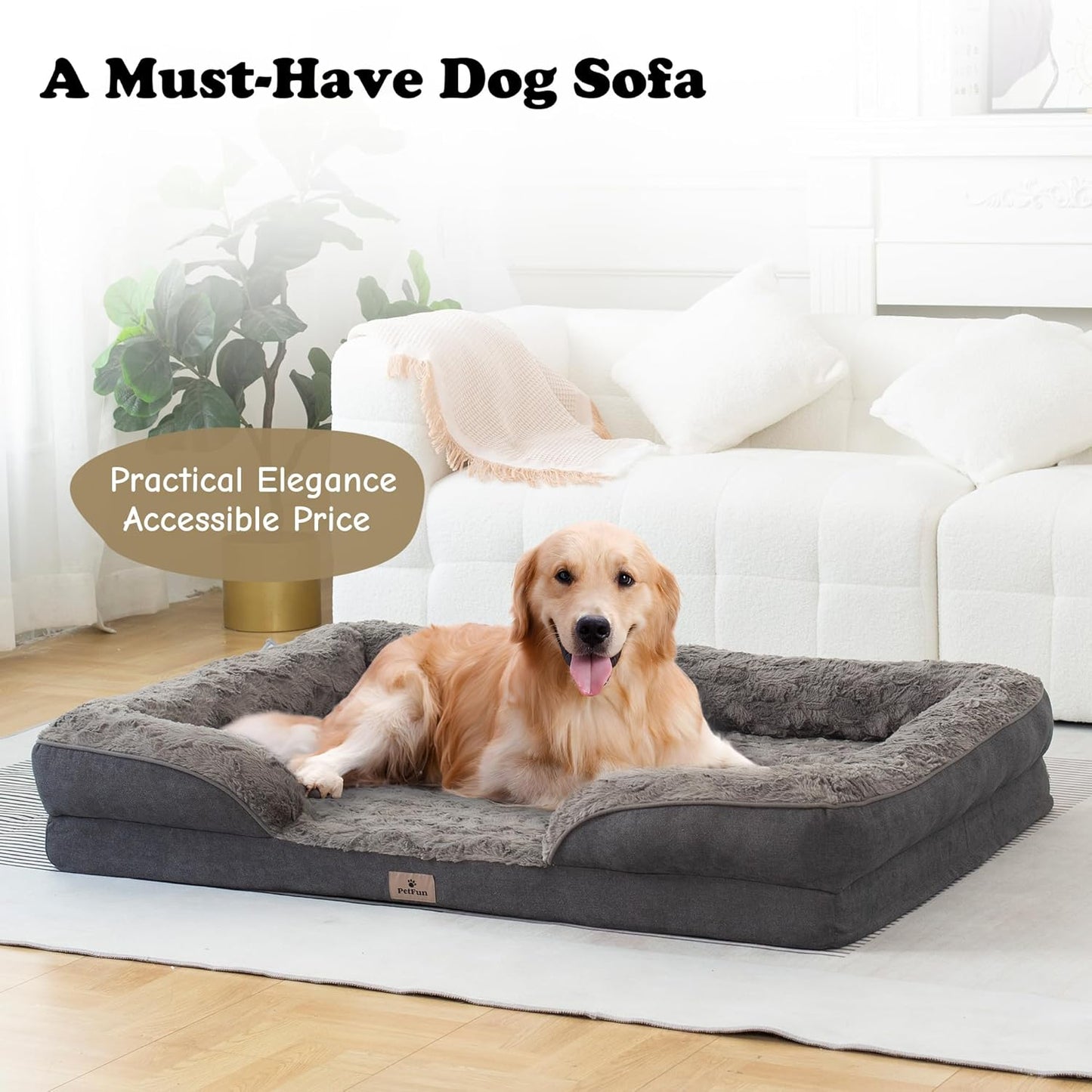 XXL 교정용 강아지 침대 대형 개 - 세탁 가능한 대형견 고양이 침대 방수, 편안한 강아지 소파 소파, 세탁 가능한 탈착식 커버, 미끄럼 방지 바닥이 있는 반려동물 침대, 133cm(53인치), 다크 그레이