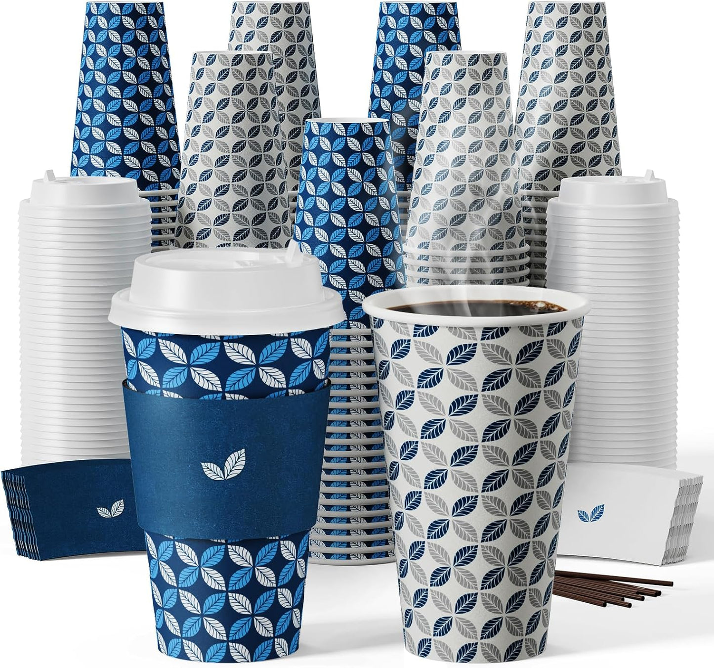 JOLLY CHEF 16 oz Coffee Cups with Lids 100 Pack, Disposable Hot Paper Coffee Cups with Lids, Sleeves and Stirrers for Christmas, Thanksgiving, Party