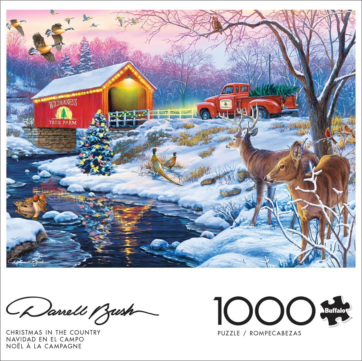 Buffalo - 1000 Piece Darrell Bush Christmas in The Country Jigsaw Puzzle - Winter, Holiday Scene with Deer and Christmas Tree - Challenging Puzzles for Adults and Families