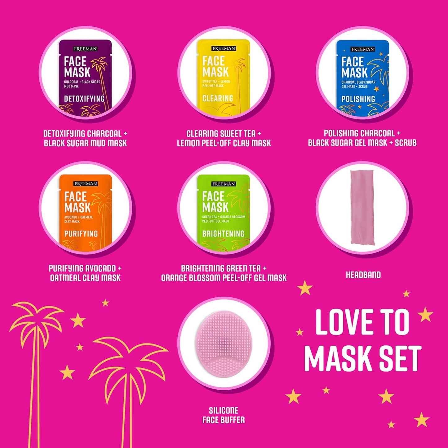 Freeman 14 Piece Love To Mask Variety Pack, Facial Masks For All Skin Types, Hydrate, Detoxify, & Clear Skin, Exfoliating Scrub, Bonus Headband and Skin Buffer, Face Masks Are Cruelty-Free & Vegan