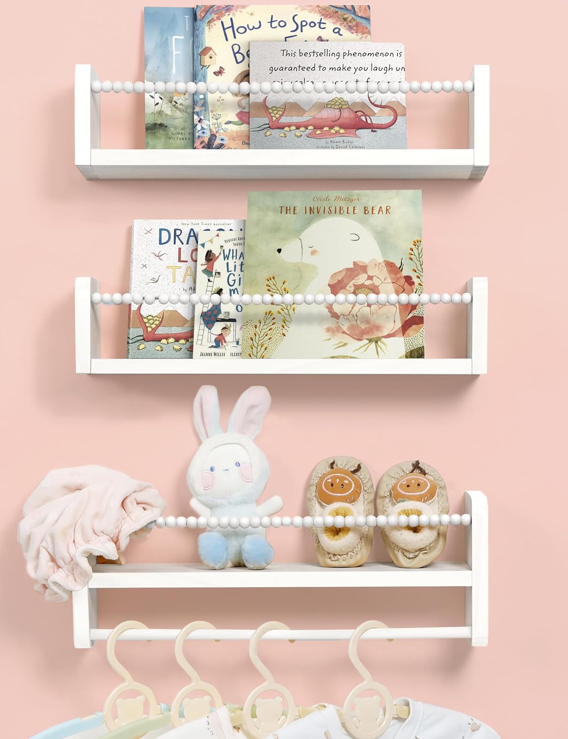 Nursery Bookshelves Set of 3, Natural Wood Nursery Floating Shelves Wall Mount Storage Shelf with Towel Bar Hainging Bookshelf for Kids Room Bedroom Living Room Decor, White