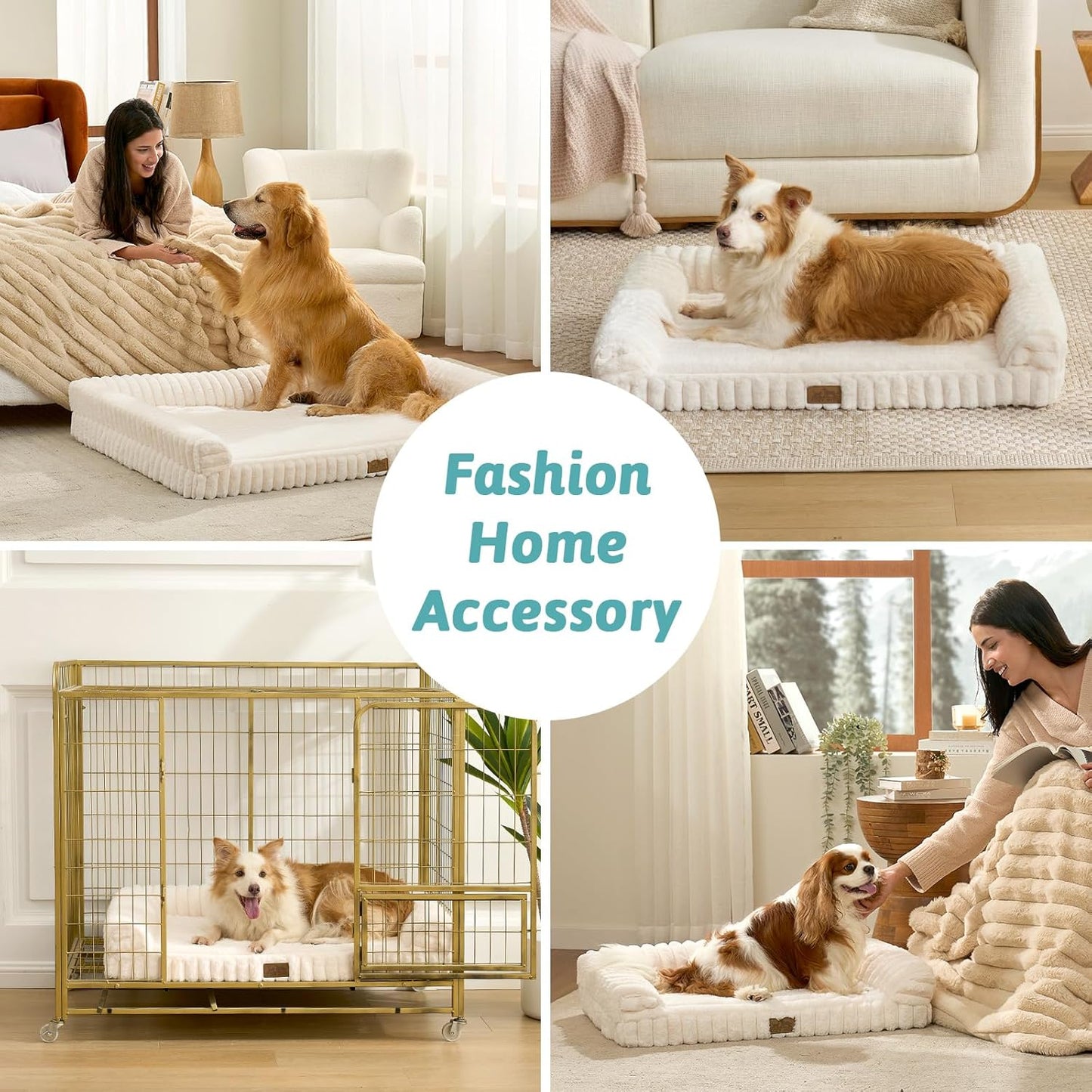 Large Dog Bed for Large Dogs, Faux Rabbit Fur Orthopedic Foam Dog Bed with Sides, Removable Washable Cover & Waterproof Lining, Comfortable Pet Couch, Cream (44" L x 32" W x 7" Th)