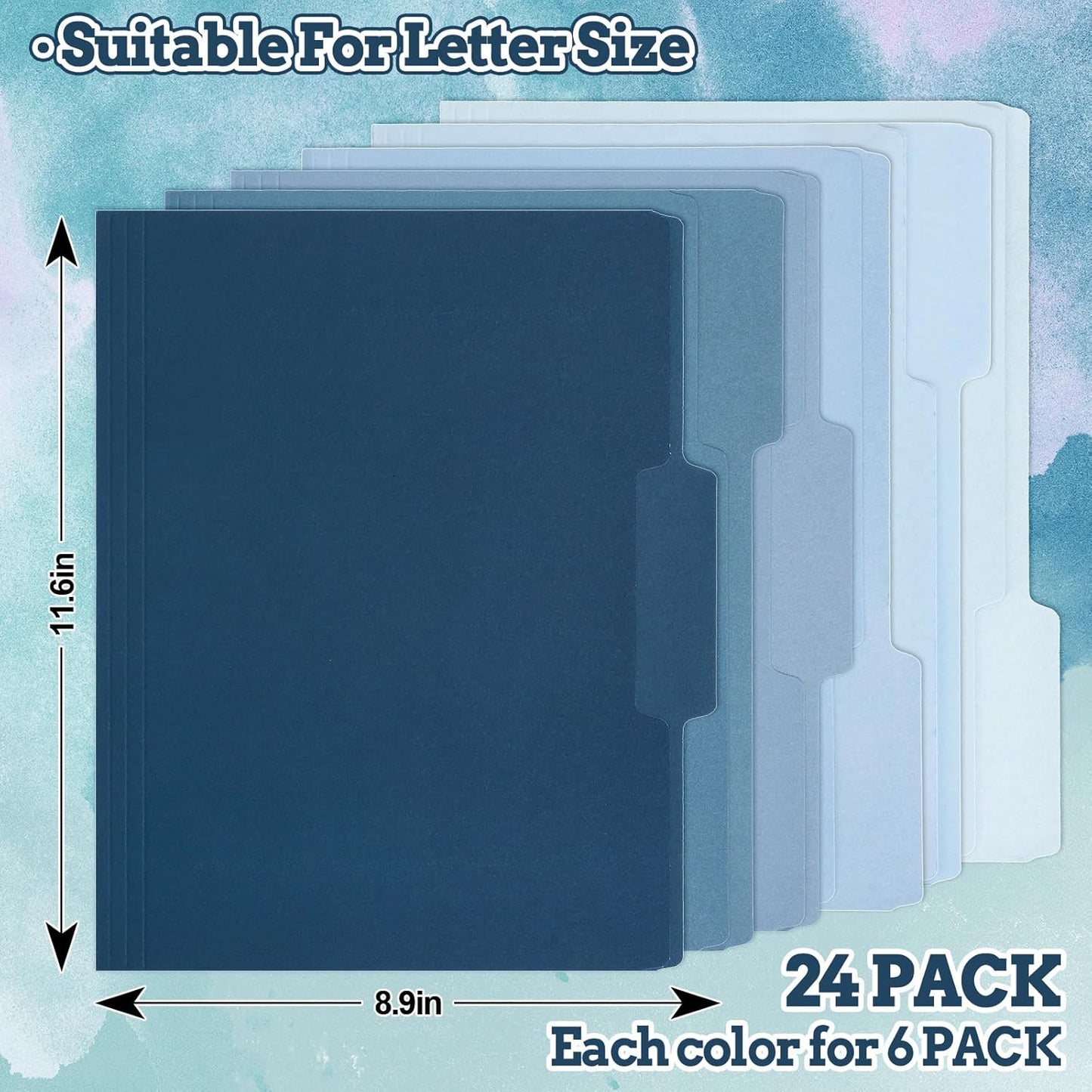 Whaline 24 Pack Dusty Blue File Folders Letter Size 6 Colors Gradient Blue File Pockets with 1/3 Cut Tab for Home Office Classroom Supplies, 8.9 x 11.6 Inch