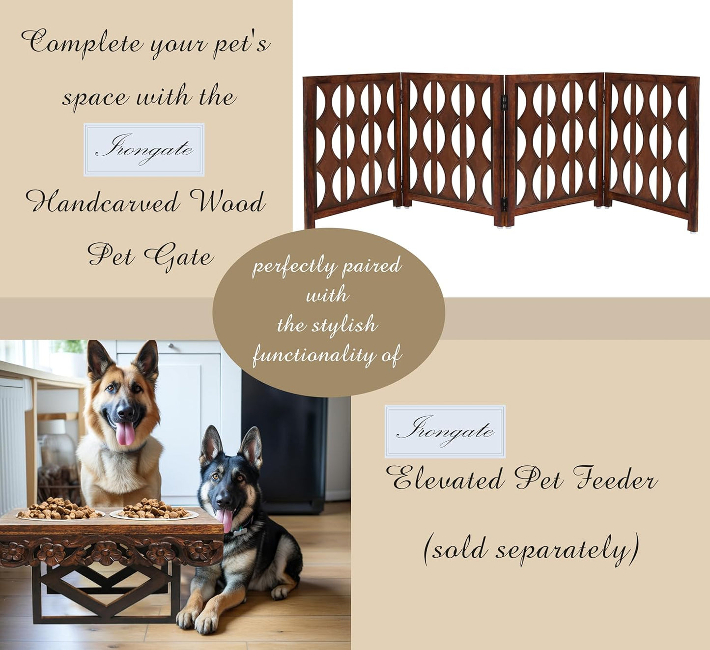 Wooden Foldable Pet Dog Safety Gate - 4 Panels Arc 20 W x 24 H- Hand Carved Solid Wood & MDF- Free Standing Portable Indoor Doorway Hall Stairs Puppy Fence -Fully Assembled- Cinnamon Brown -IRONGATE