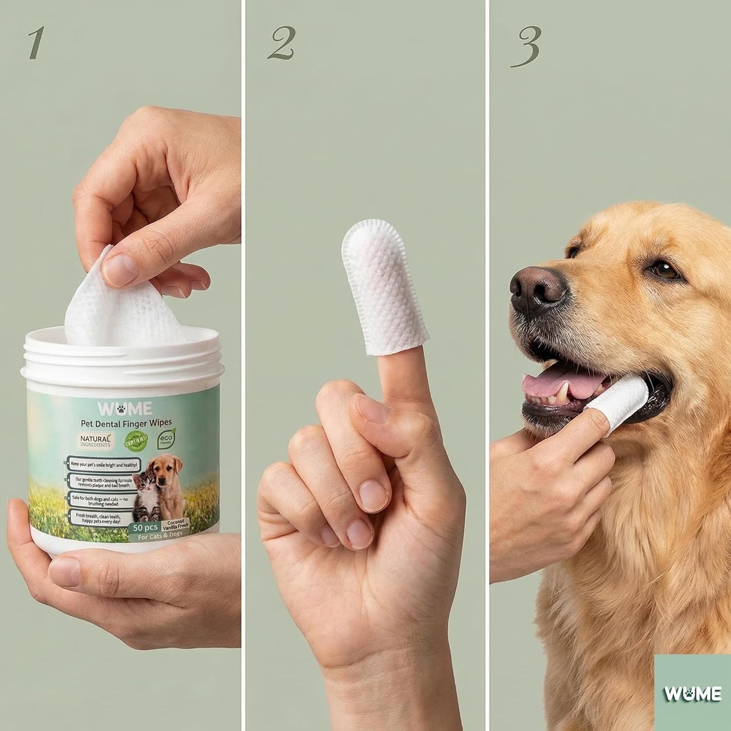 WUME Pet Dental Finger Wipes for Dogs & Cats Vet-Inspired Teeth Cleaning Wipes, Toothbrush Alternative, Gentle, Alcohol-Free, Disposable, 50 Counts