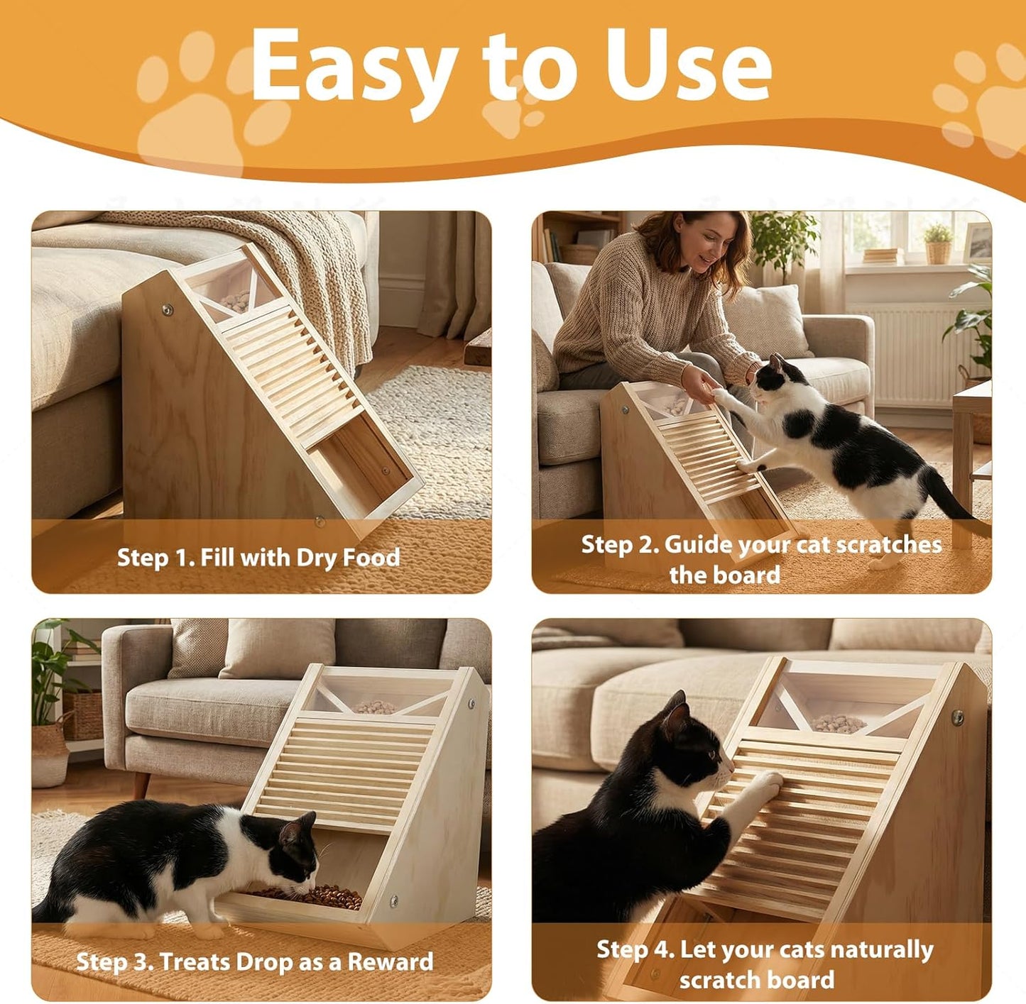 Interactive Cat Treat Toy – Wooden Food Dispensing Cat Toy for Indoor Cats, Paw-Activated Reward Feeder, Cat Enrichment & Puzzle Toy for Mental Stimulation