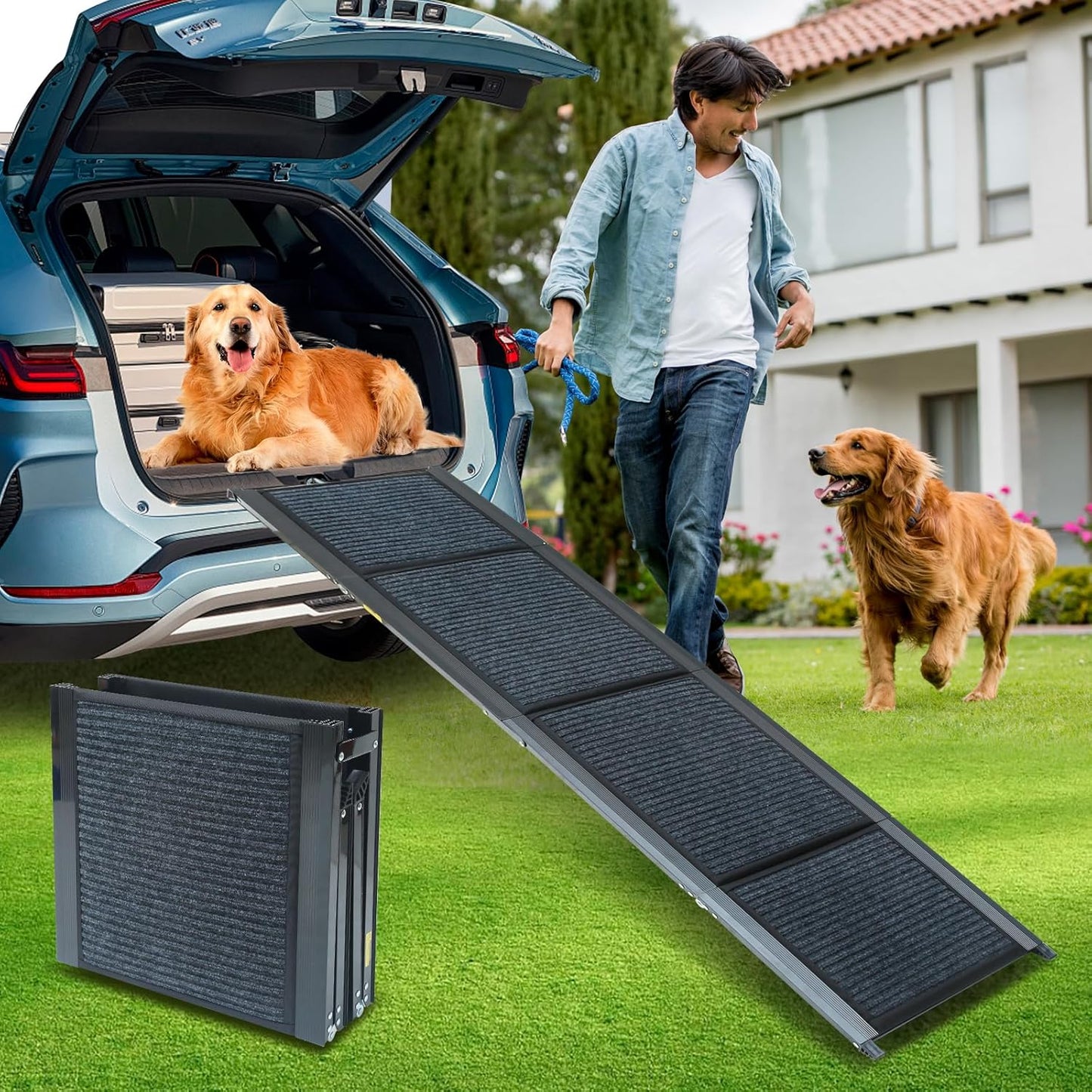 PawStep 63” x 17” Foldable Aluminum Dog Ramp – 63-Inch Length for Standard Cars & SUVs, 250 lb Capacity, Lightweight Four-Fold Portable Pet Ramp (51014)